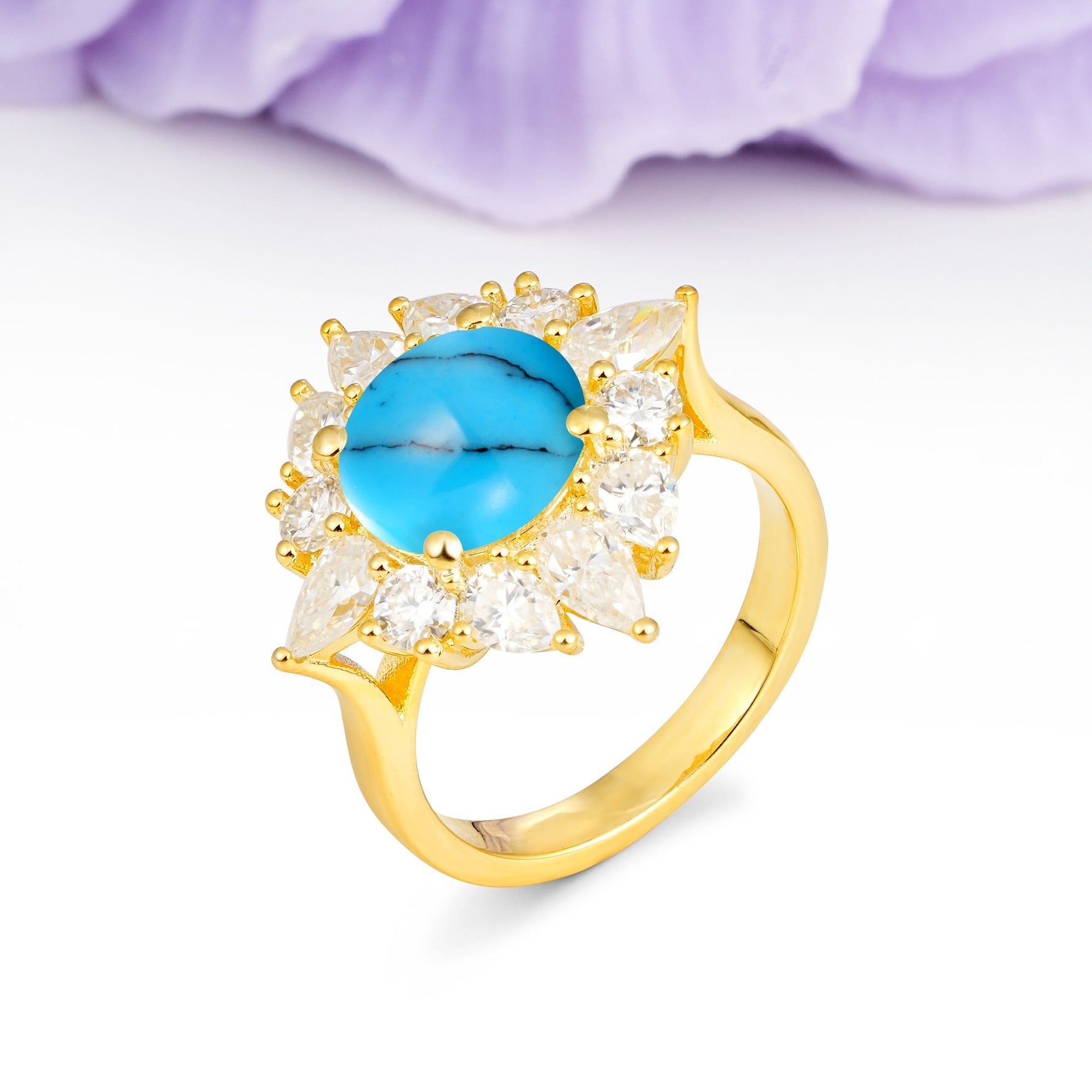 Stunning Starburst Floral Halo Round Cut Turquoise Engagement Ring - Additional view