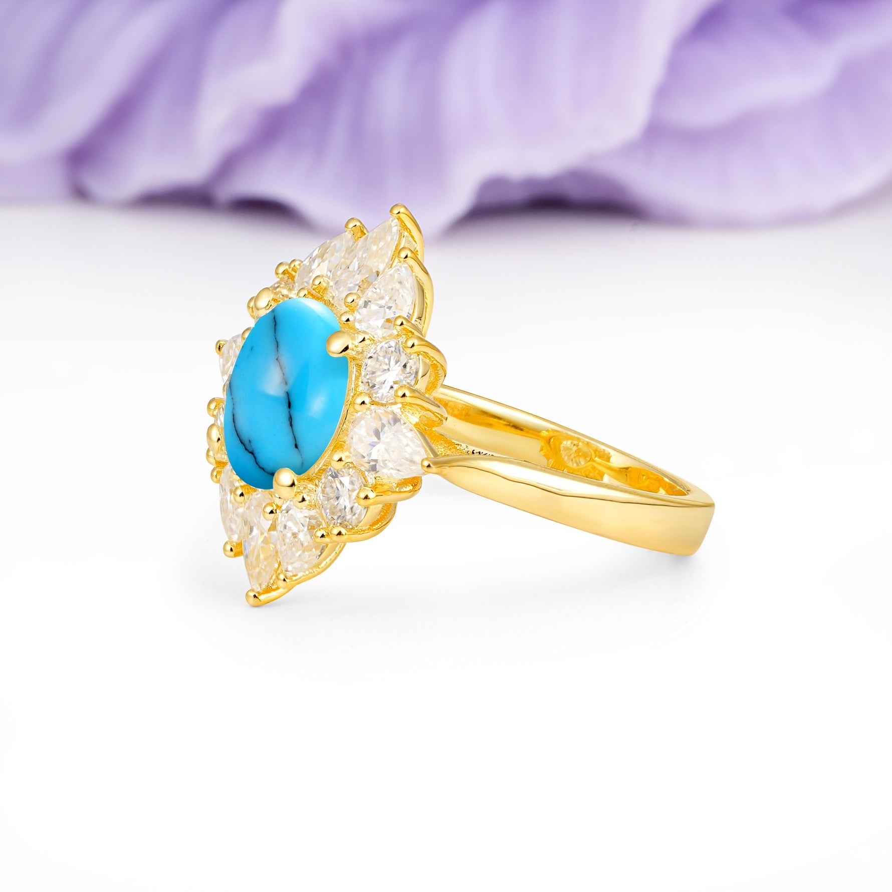 Stunning Starburst Floral Halo Round Cut Turquoise Engagement Ring - Additional view