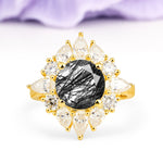 Stunning Starburst Floral Halo Round Cut Black Rutilated Quartz Engagement Ring - Additional view