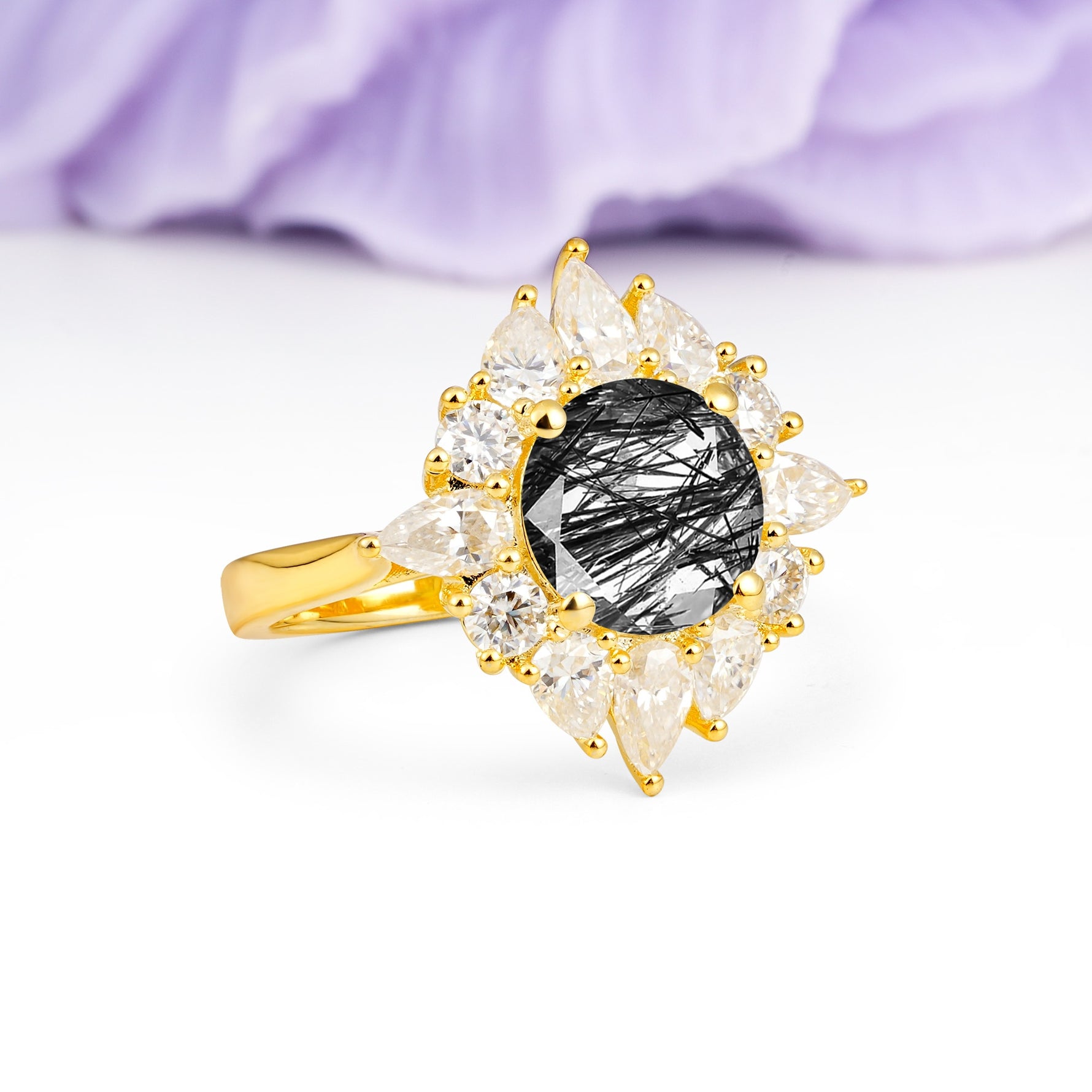 Stunning Starburst Floral Halo Round Cut Black Rutilated Quartz Engagement Ring - Additional view
