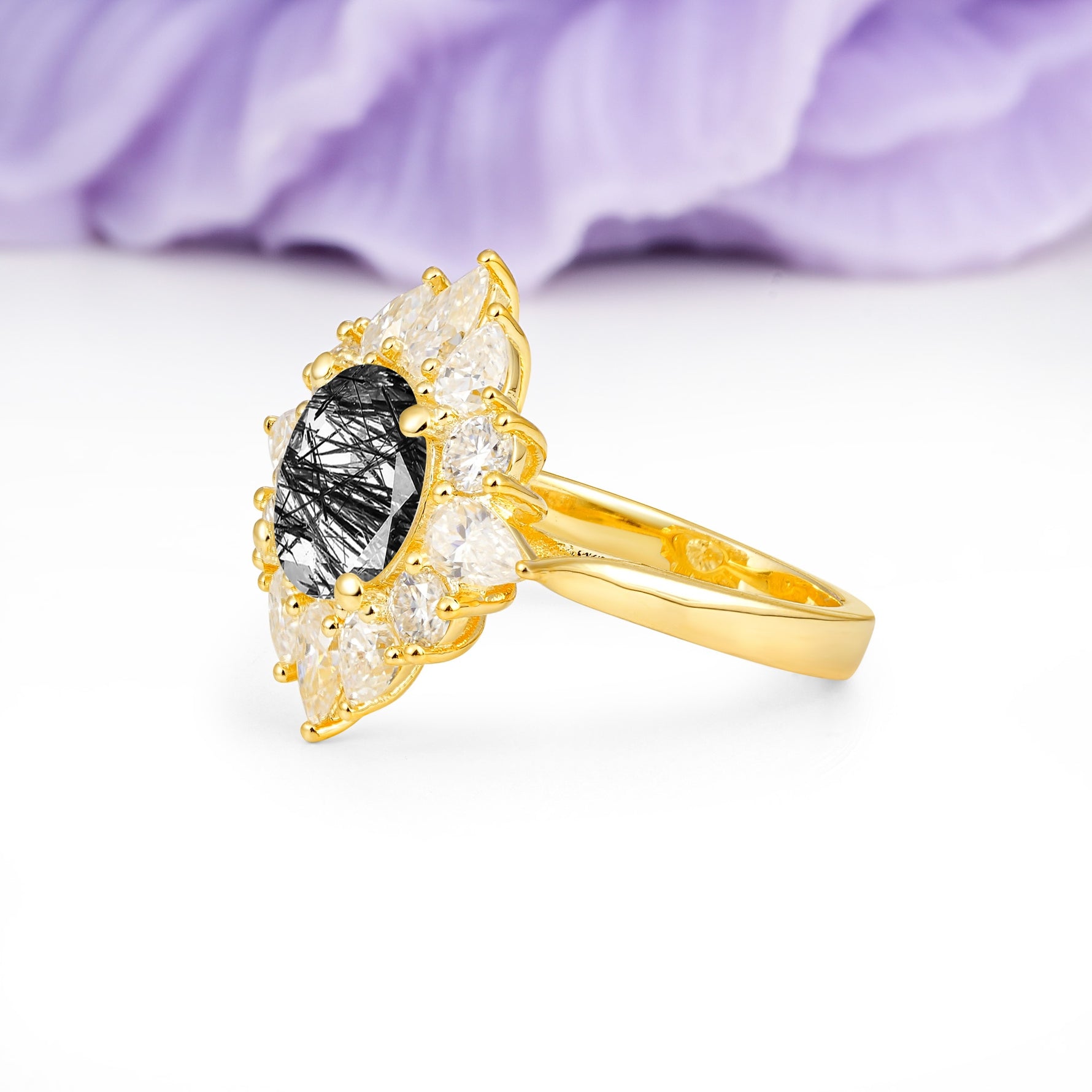 Stunning Starburst Floral Halo Round Cut Black Rutilated Quartz Engagement Ring - Additional view