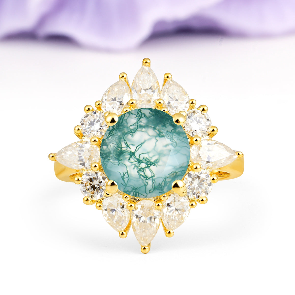 Stunning Starburst Floral Halo Round Cut Moss Agate Engagement Ring - Additional view