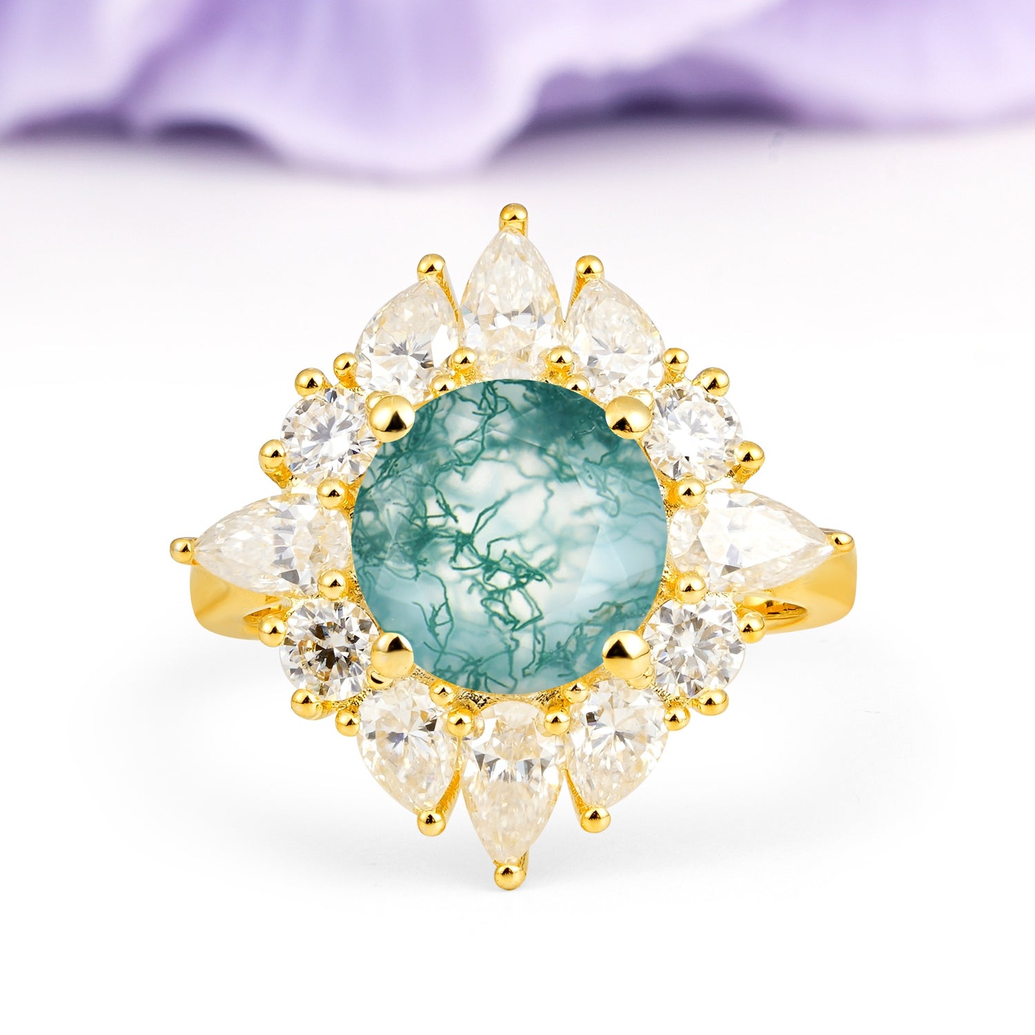 Stunning Starburst Floral Halo Round Cut Moss Agate Engagement Ring - Additional view
