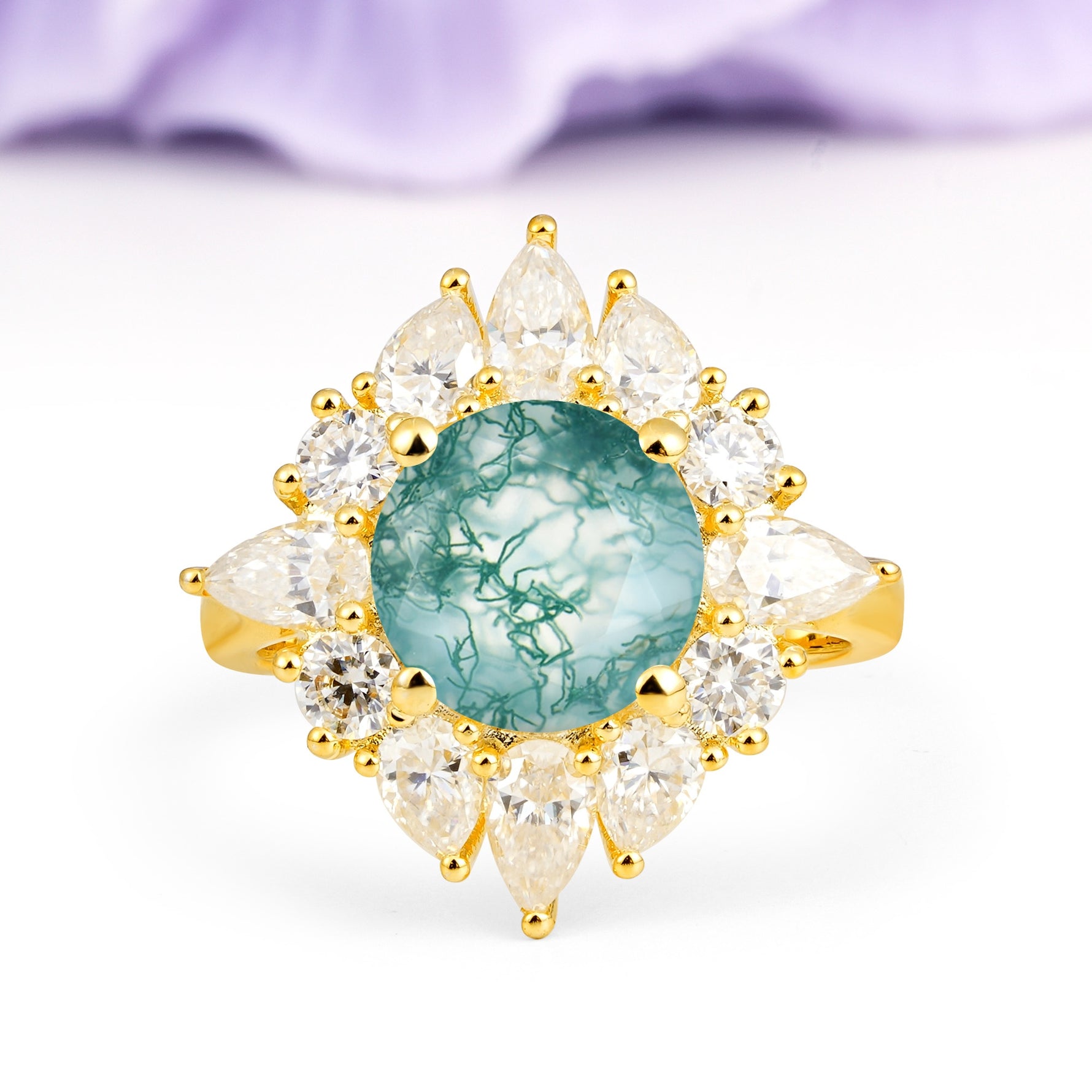 Stunning Starburst Floral Halo Round Cut Moss Agate Engagement Ring - Additional view
