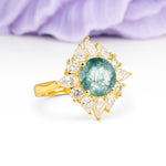 Stunning Starburst Floral Halo Round Cut Moss Agate Engagement Ring - Additional view