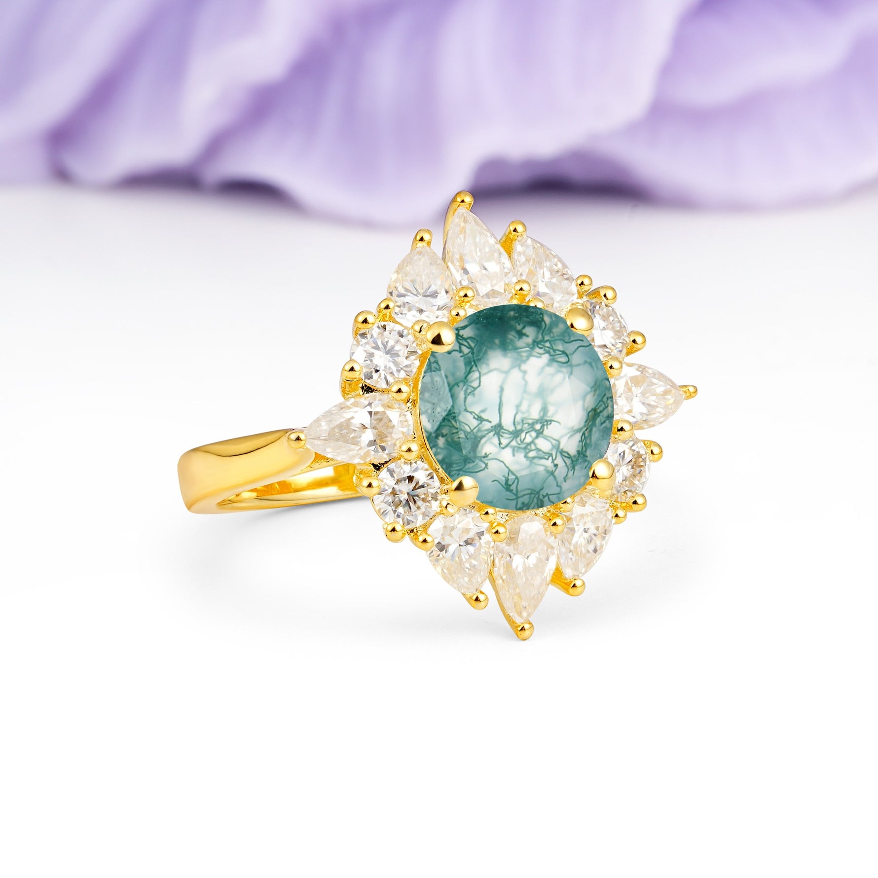 Stunning Starburst Floral Halo Round Cut Moss Agate Engagement Ring - Additional view