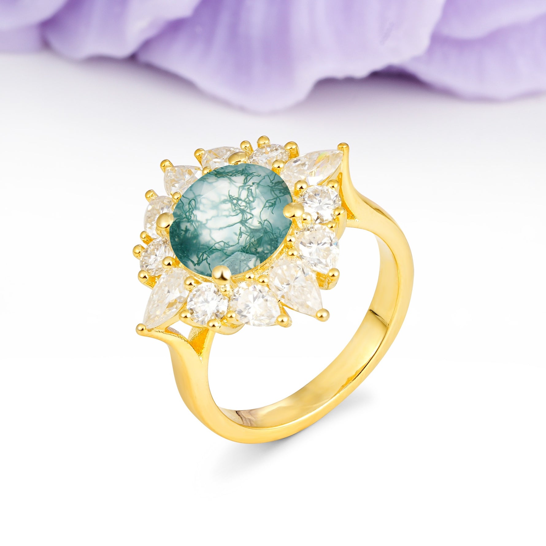 Stunning Starburst Floral Halo Round Cut Moss Agate Engagement Ring - Additional view