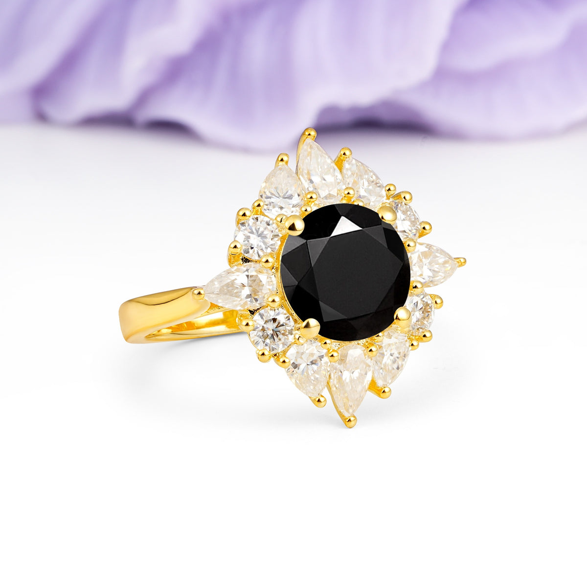 Stunning Starburst Floral Halo Round Cut Black Onyx Engagement Ring - Additional view