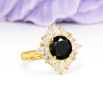 Stunning Starburst Floral Halo Round Cut Black Onyx Engagement Ring - Additional view