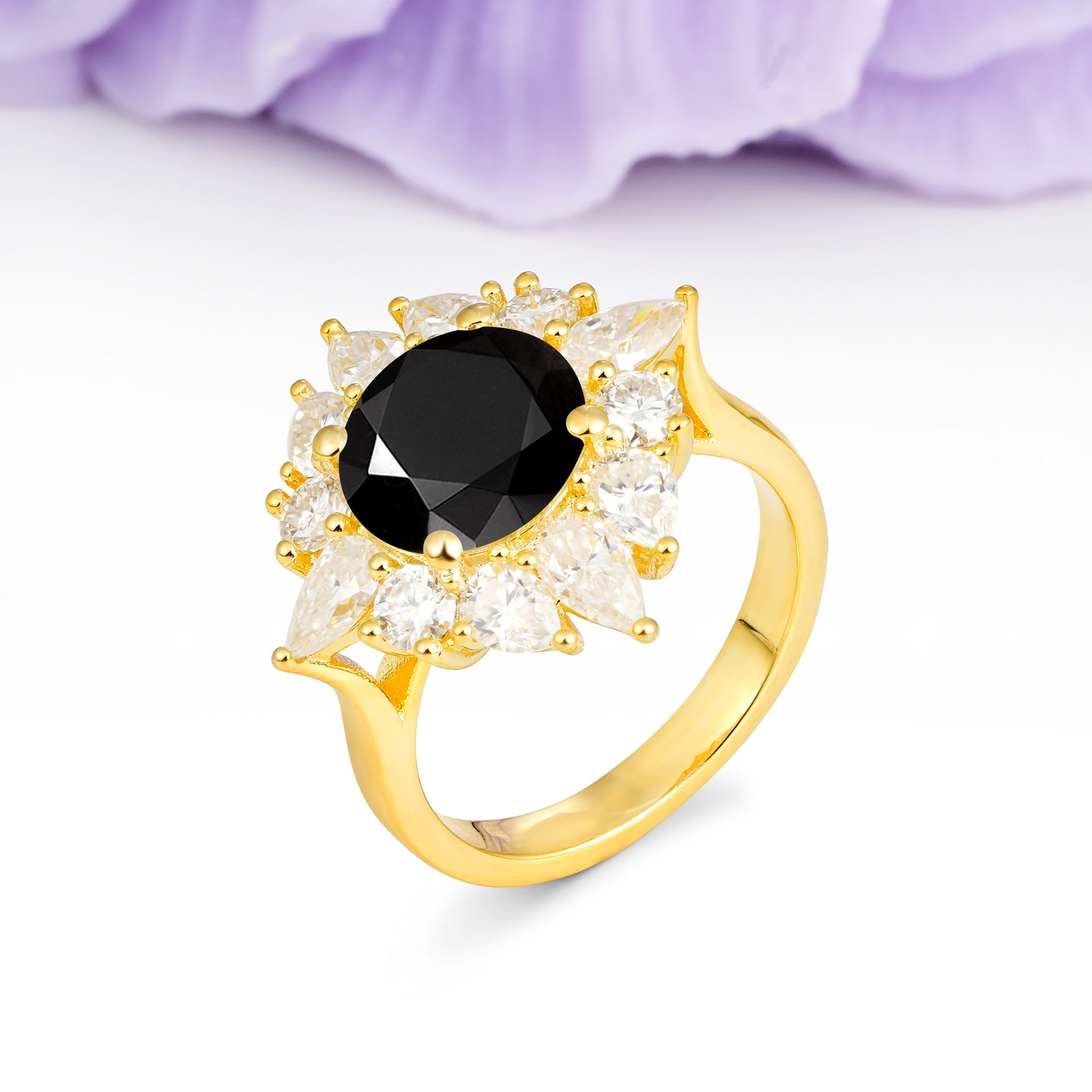 Stunning Starburst Floral Halo Round Cut Black Onyx Engagement Ring - Additional view