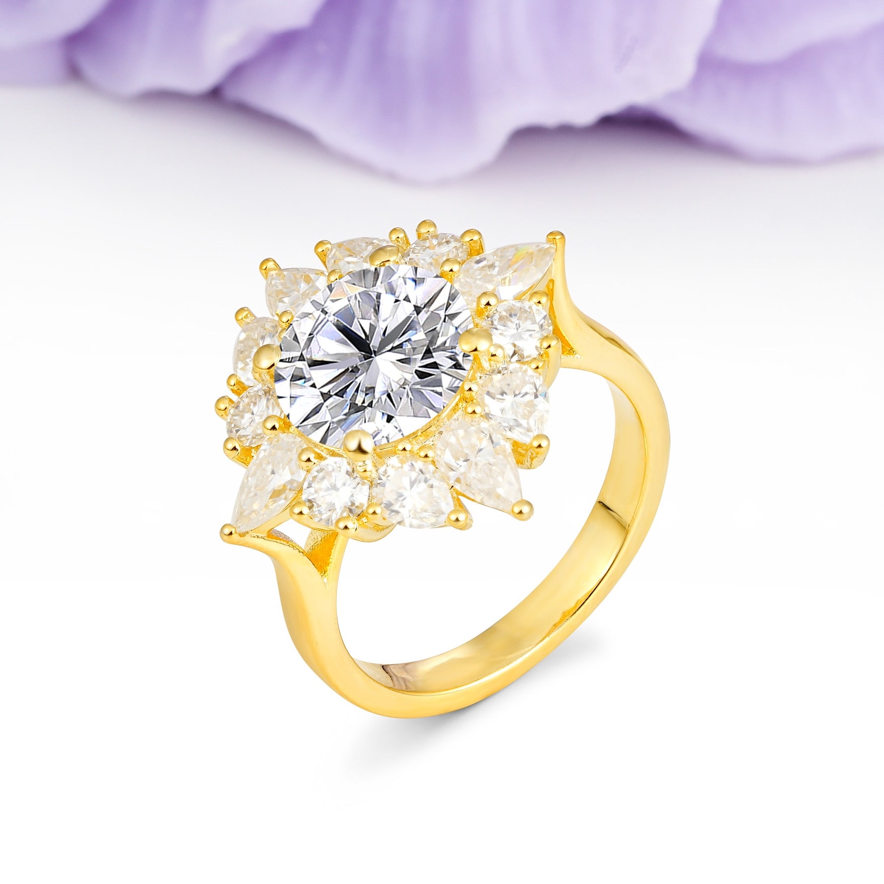 Stunning Starburst Floral Halo Round Cut Lab Diamond Engagement Ring - Additional view