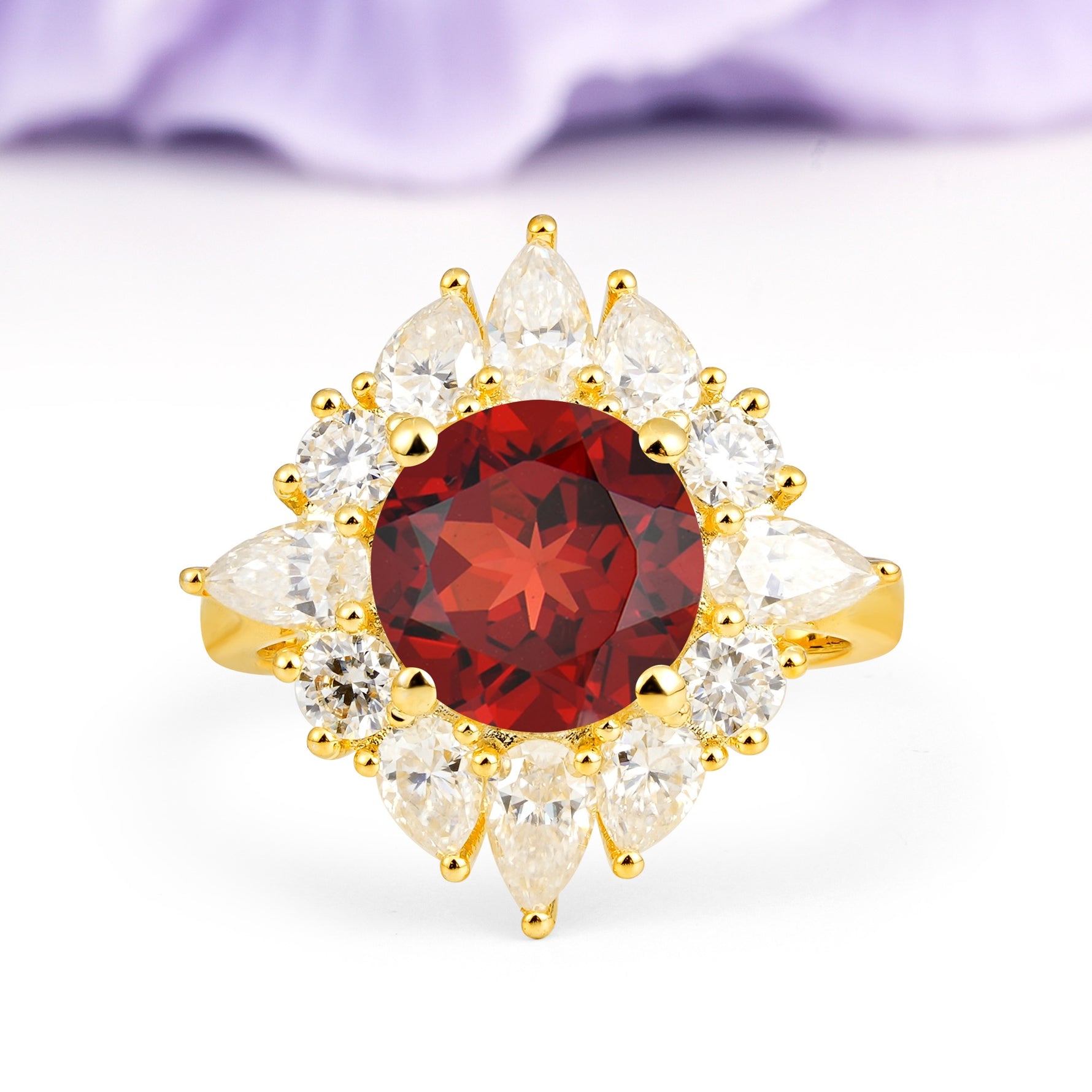 Stunning Starburst Floral Halo Round Cut Garnet Engagement Ring - Additional view
