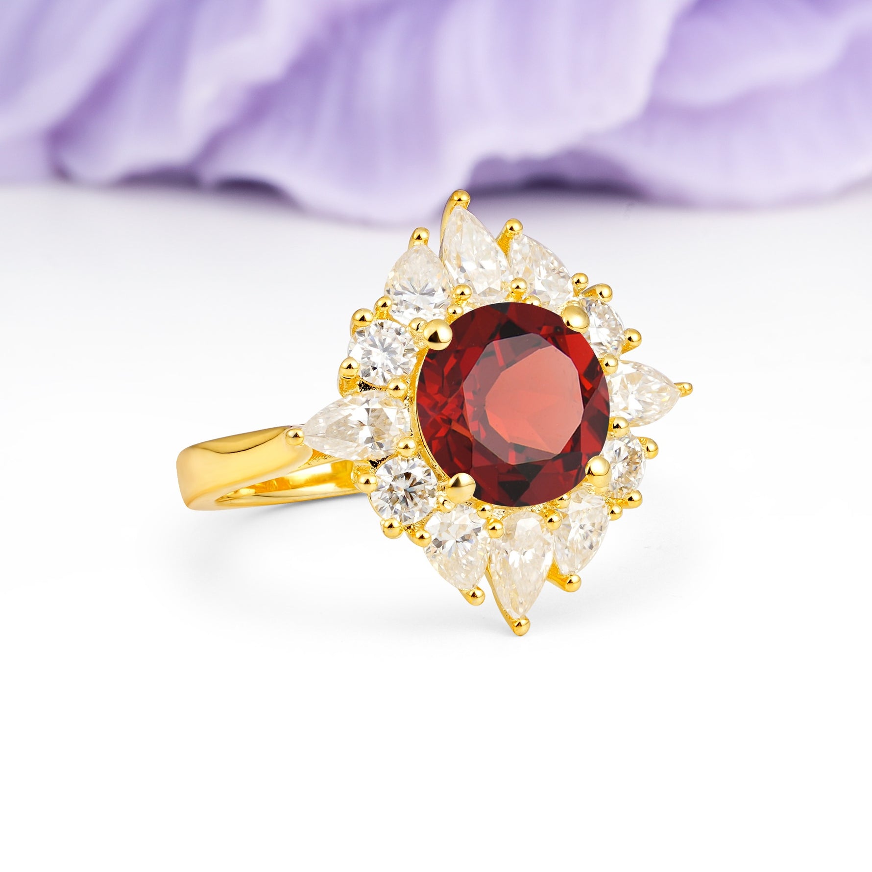 Stunning Starburst Floral Halo Round Cut Garnet Engagement Ring - Additional view