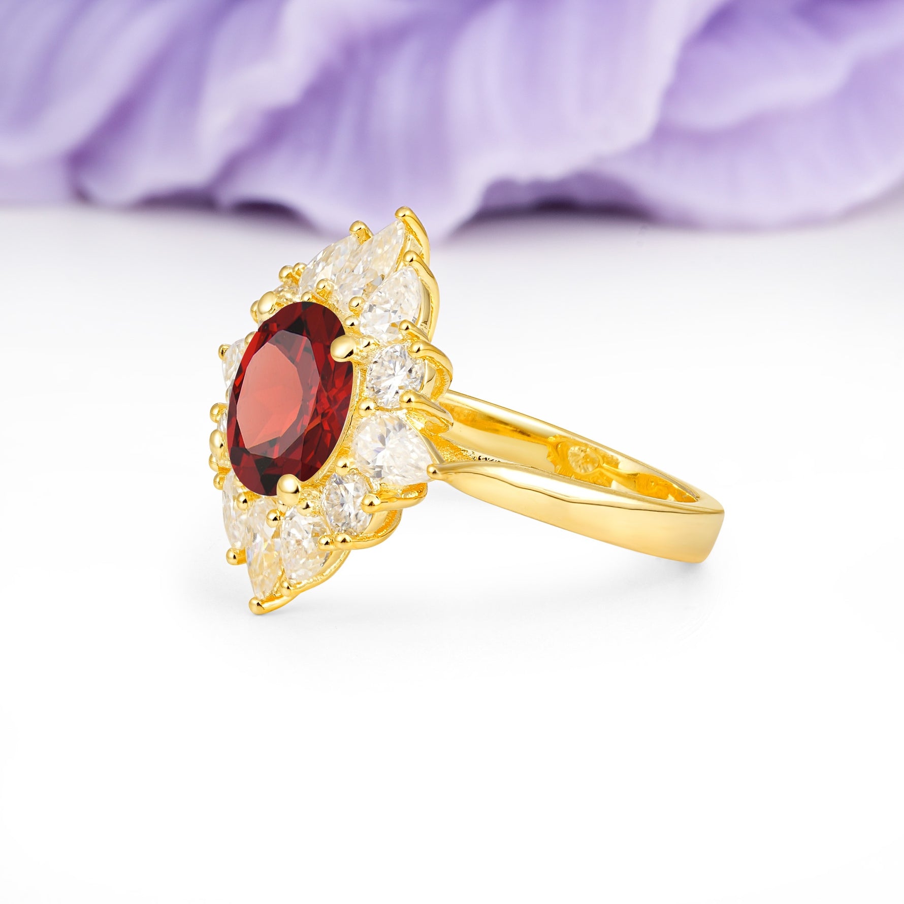 Stunning Starburst Floral Halo Round Cut Garnet Engagement Ring - Additional view