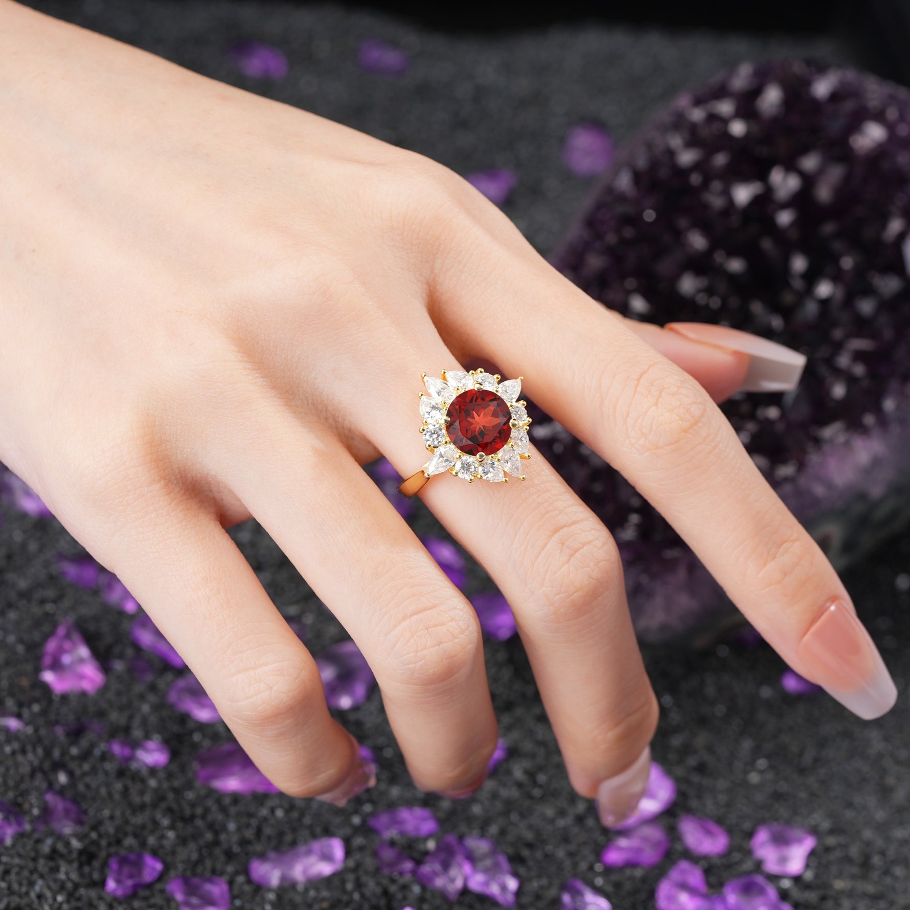 Stunning Starburst Floral Halo Round Cut Garnet Engagement Ring - Additional view