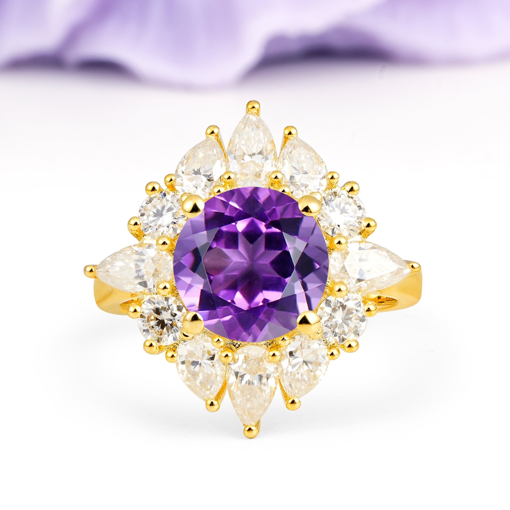 Stunning Starburst Floral Halo Round Cut Amethyst Engagement Ring - Additional view