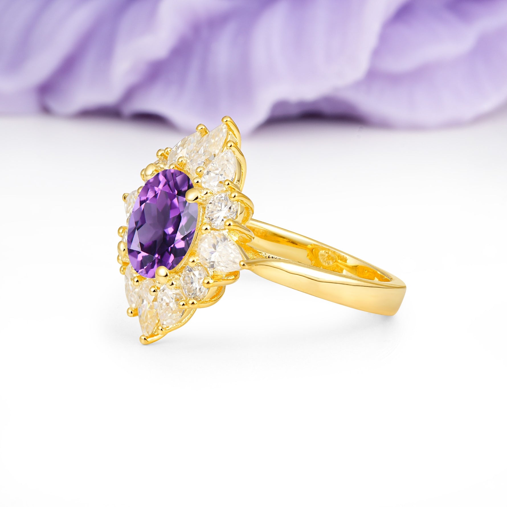 Stunning Starburst Floral Halo Round Cut Amethyst Engagement Ring - Additional view