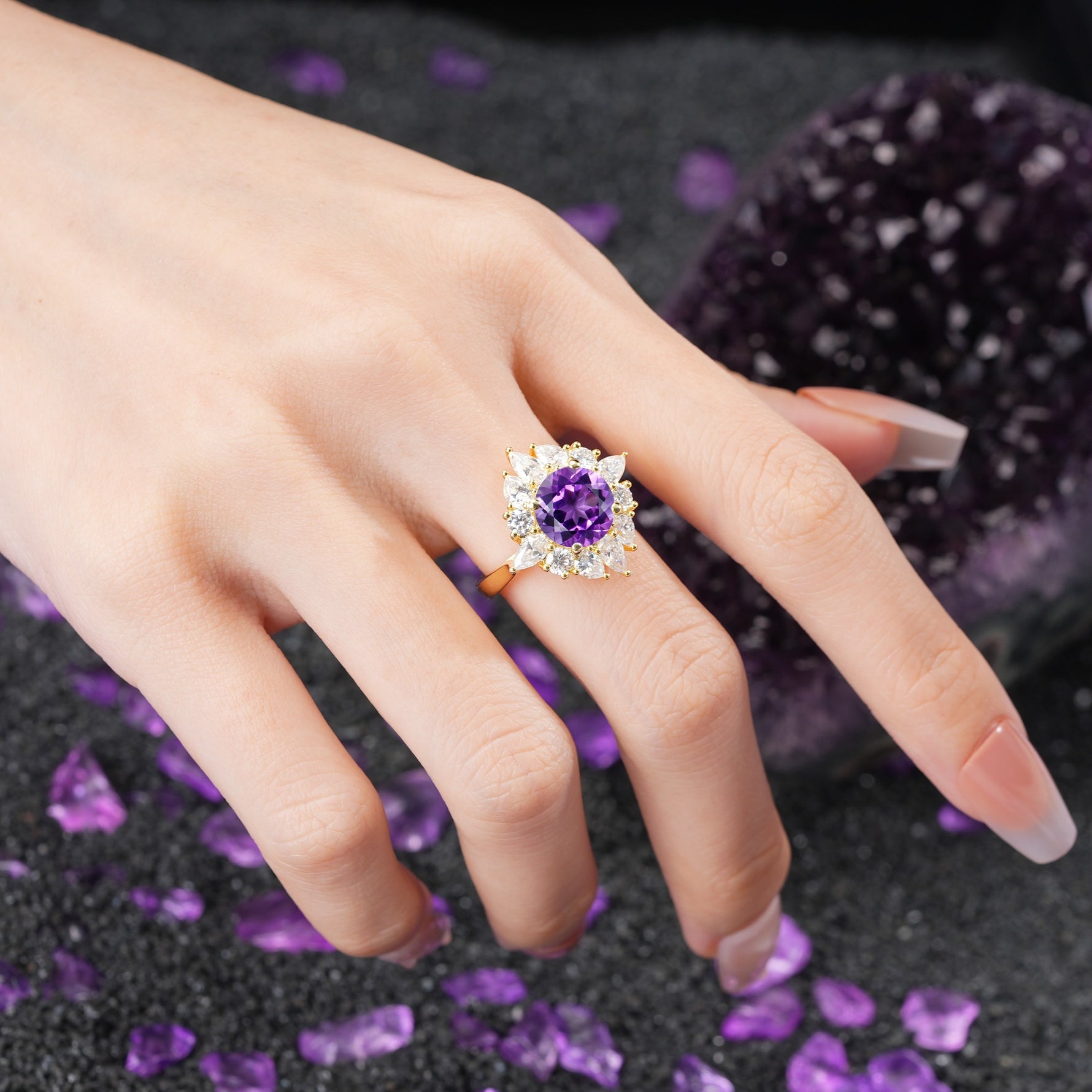 Stunning Starburst Floral Halo Round Cut Amethyst Engagement Ring - Additional view