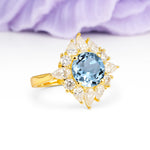Stunning Starburst Floral Halo Round Cut Aquamarine Engagement Ring - Additional view