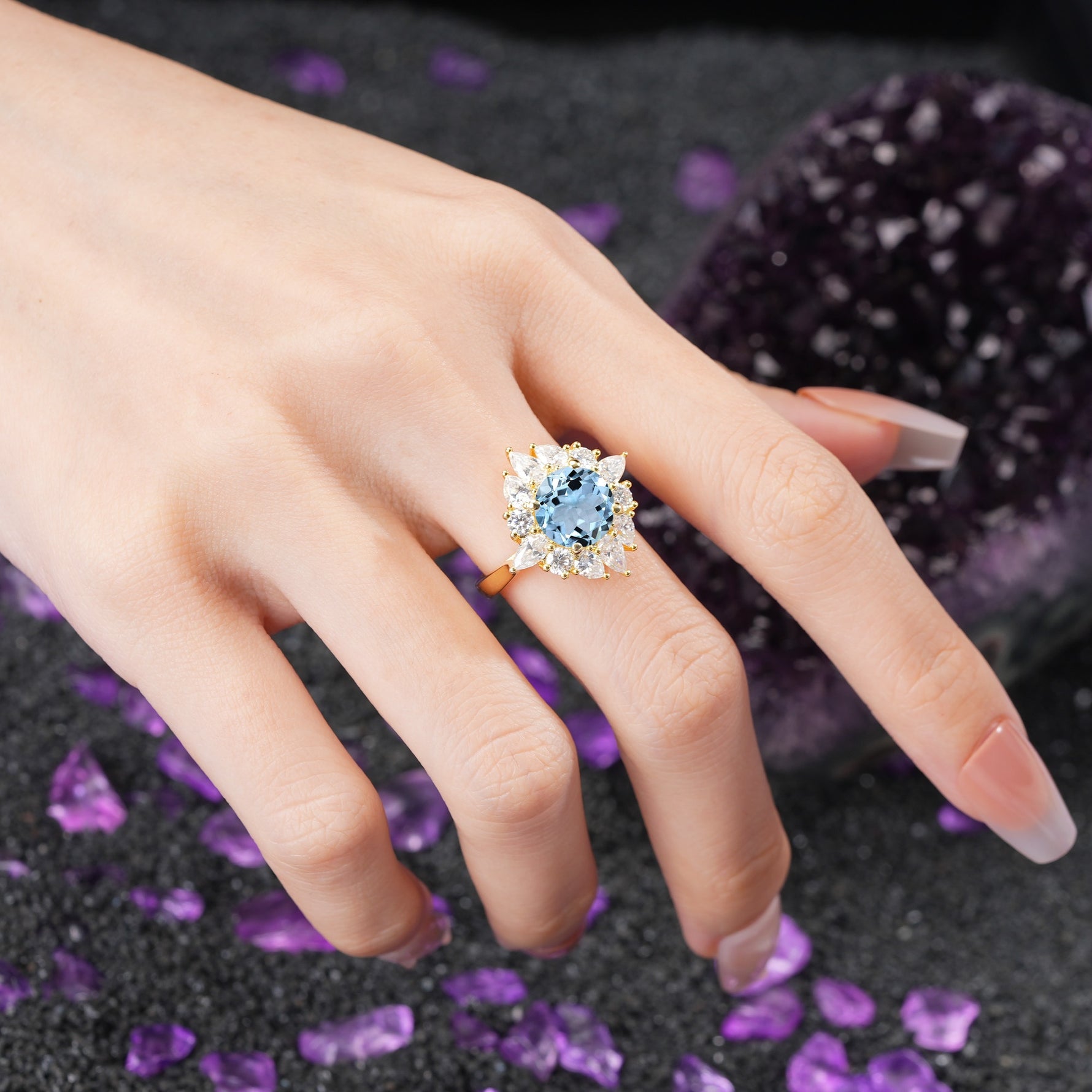Stunning Starburst Floral Halo Round Cut Aquamarine Engagement Ring - Additional view