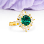 Stunning Starburst Floral Halo Round Cut Emerald Engagement Ring - Additional view