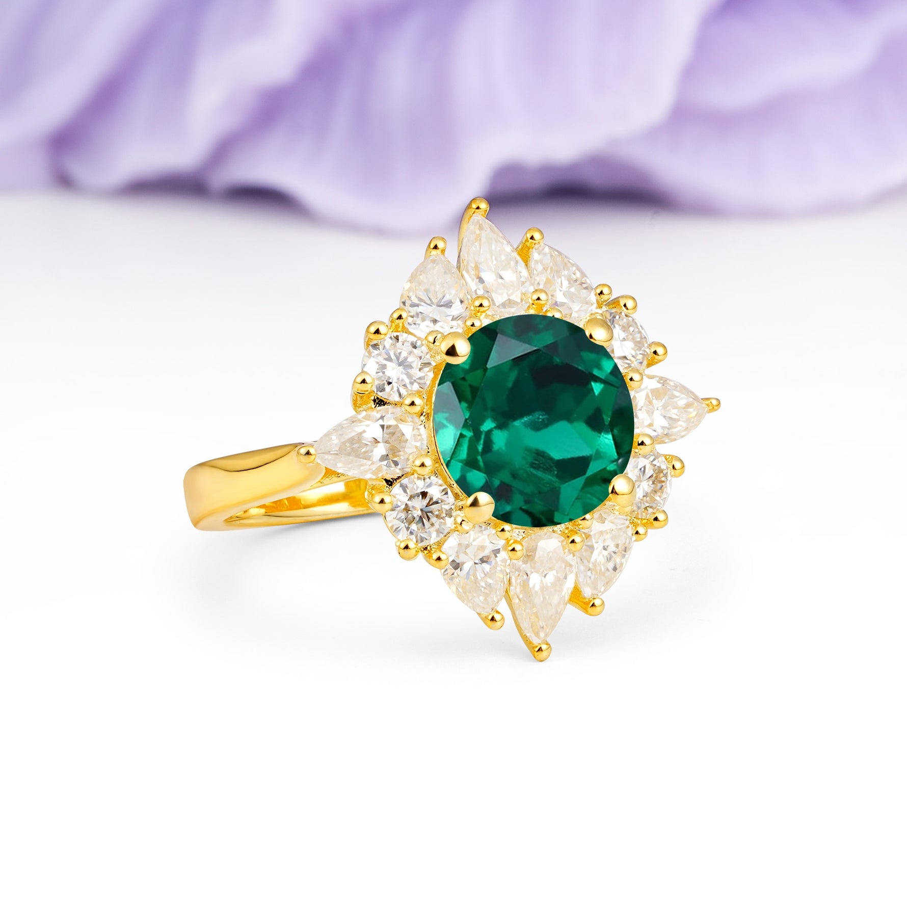 Stunning Starburst Floral Halo Round Cut Emerald Engagement Ring - Additional view