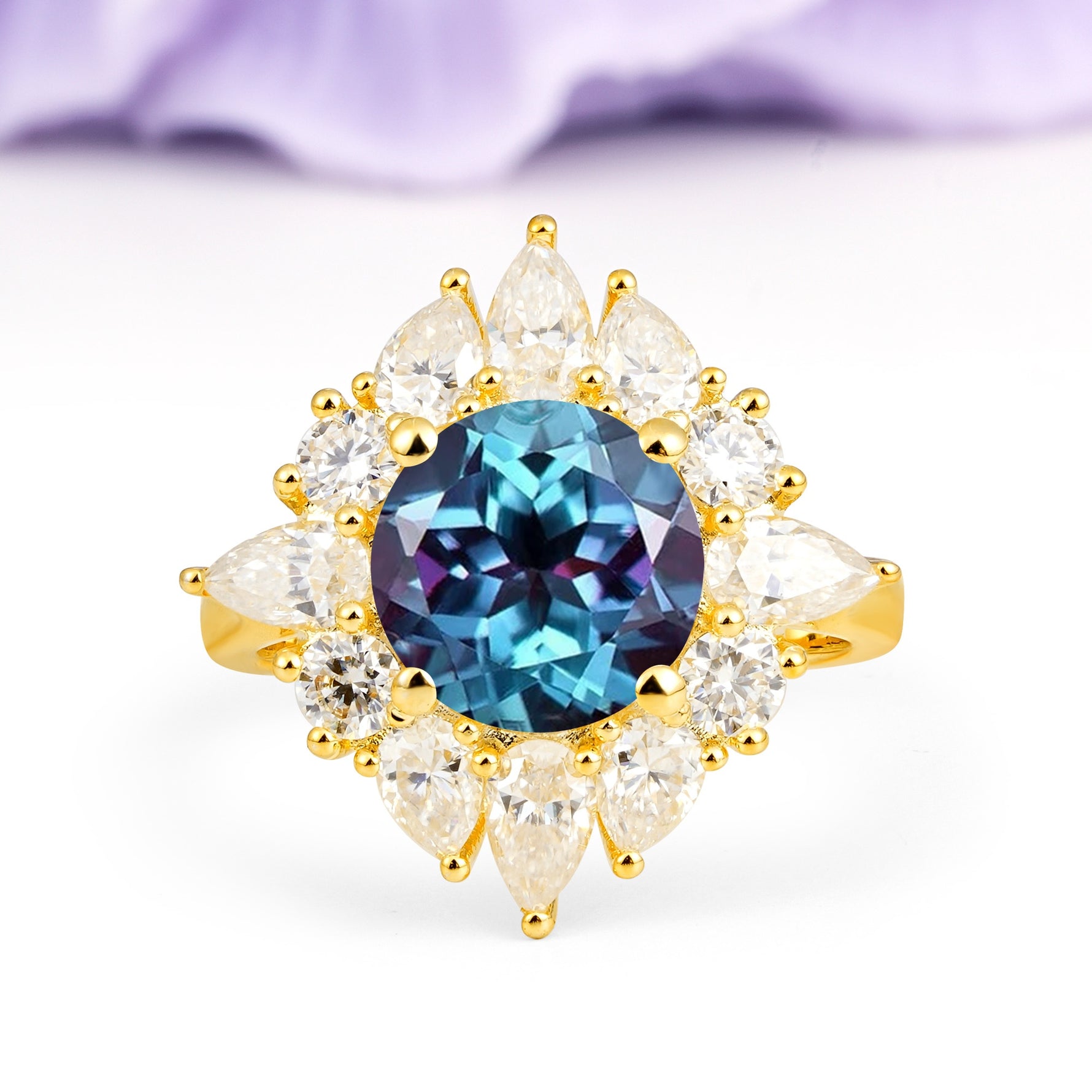 Stunning Starburst Floral Halo Round Cut Alexandrite Engagement Ring - Additional view