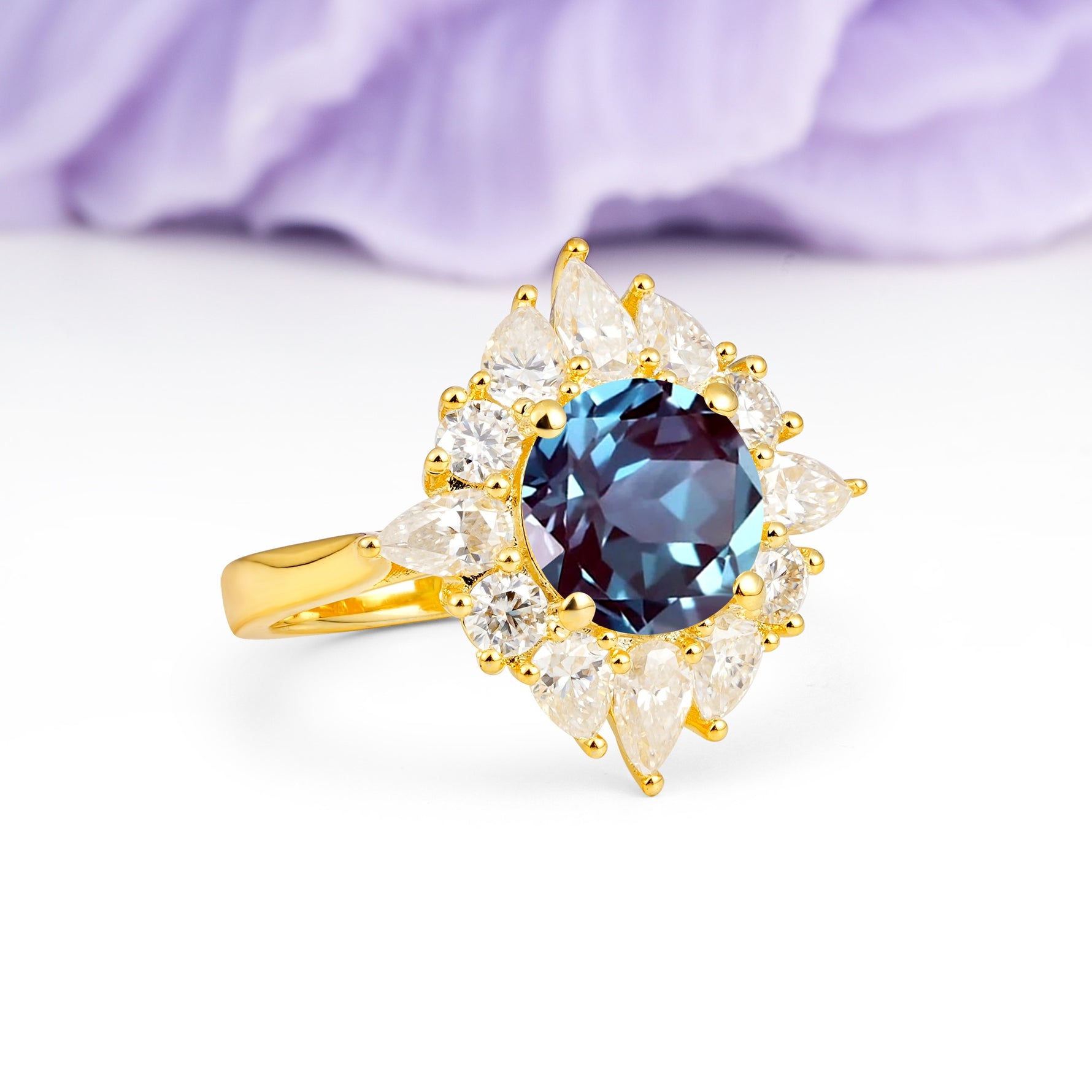 Stunning Starburst Floral Halo Round Cut Alexandrite Engagement Ring - Additional view