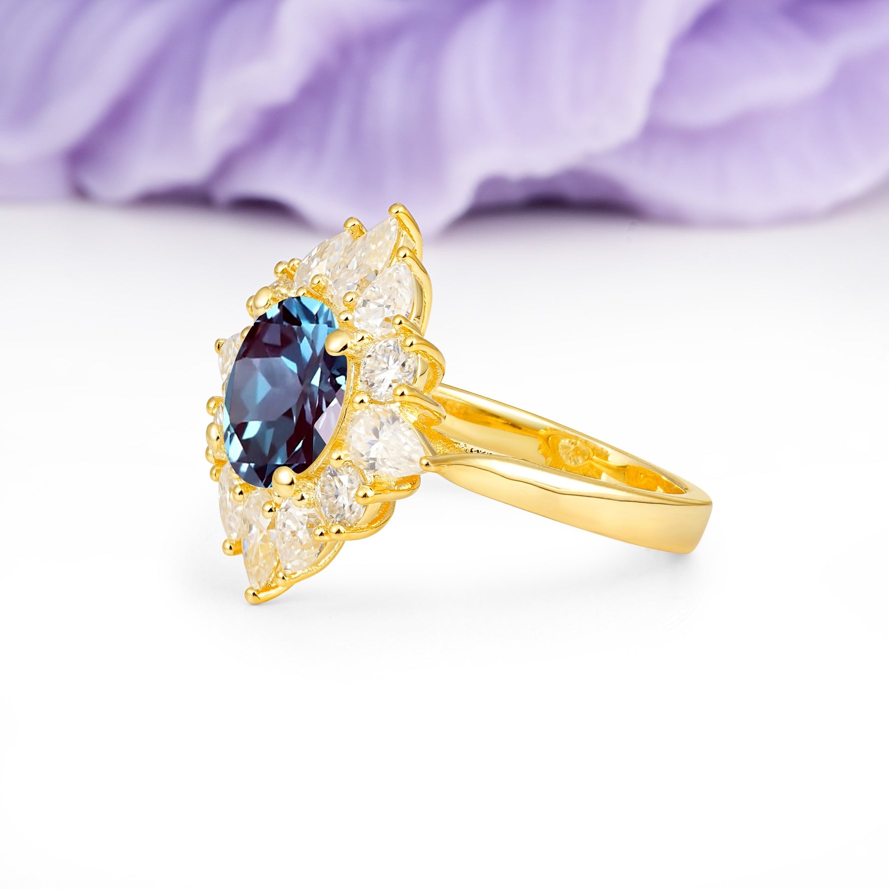 Stunning Starburst Floral Halo Round Cut Alexandrite Engagement Ring - Additional view