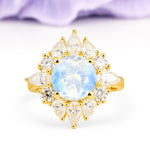 Stunning Starburst Floral Halo Round Cut Moonstone Engagement Ring - Additional view