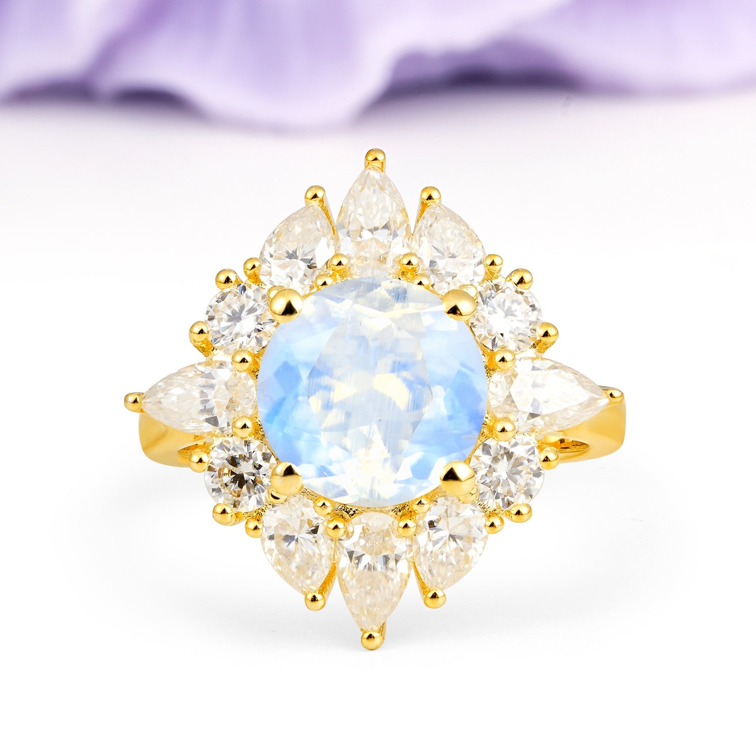 Stunning Starburst Floral Halo Round Cut Moonstone Engagement Ring - Additional view