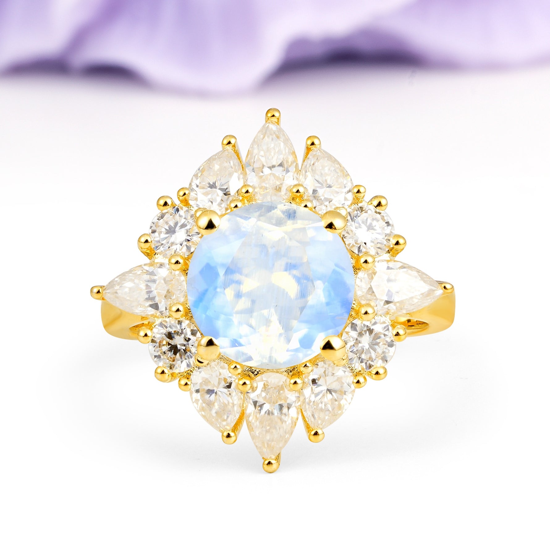 Stunning Starburst Floral Halo Round Cut Moonstone Engagement Ring - Additional view