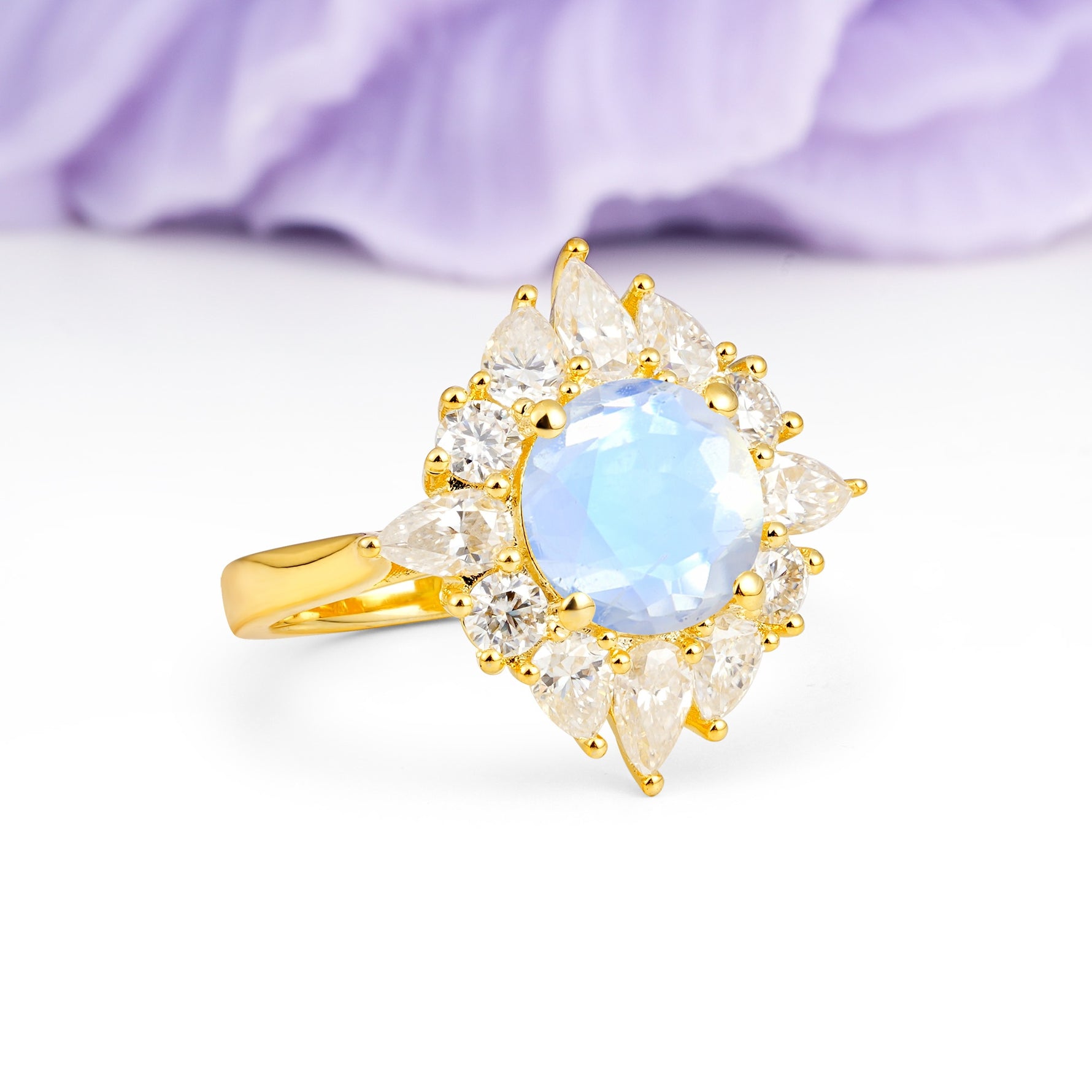 Stunning Starburst Floral Halo Round Cut Moonstone Engagement Ring - Additional view