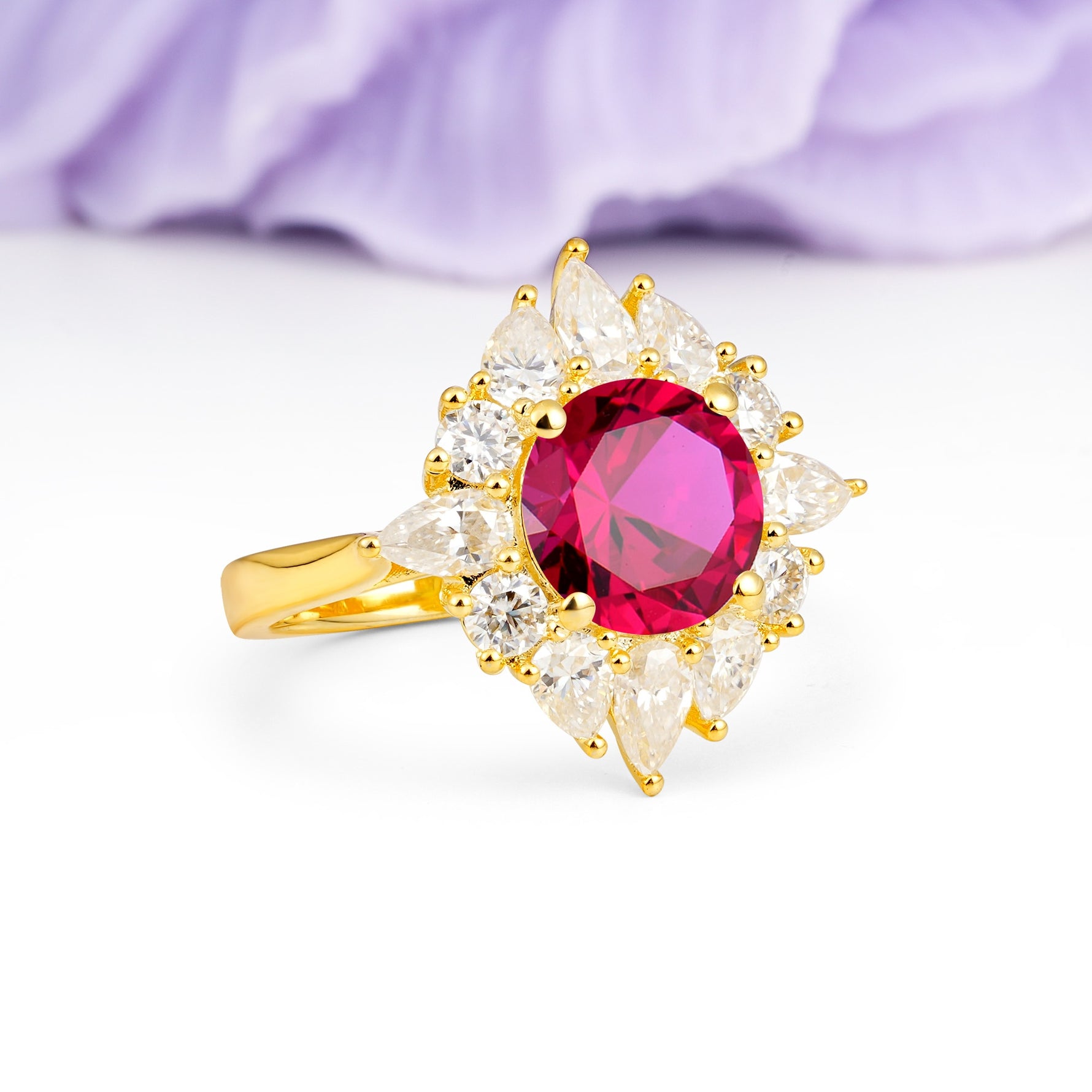 Stunning Starburst Floral Halo Round Cut Ruby Engagement Ring - Additional view