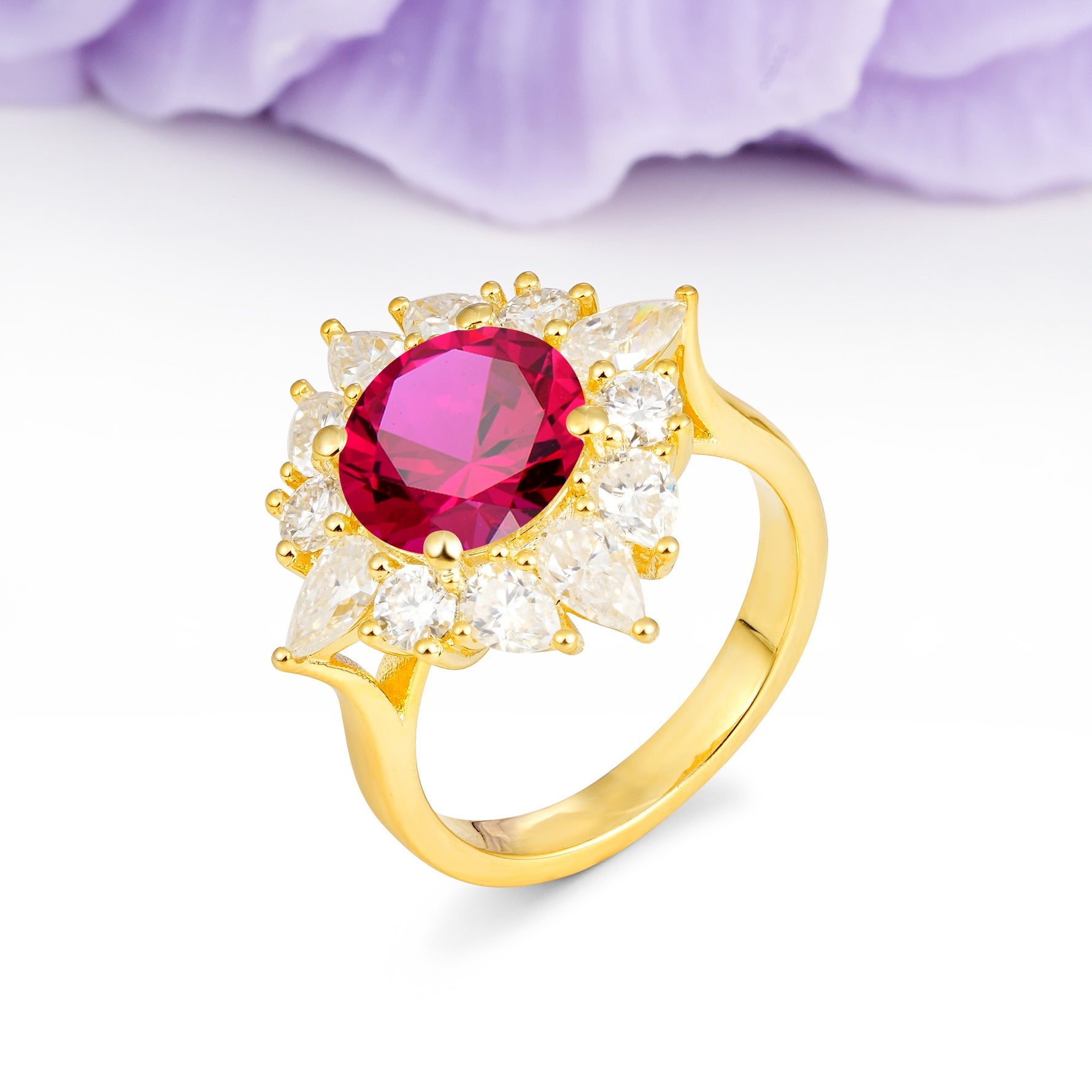 Stunning Starburst Floral Halo Round Cut Ruby Engagement Ring - Additional view