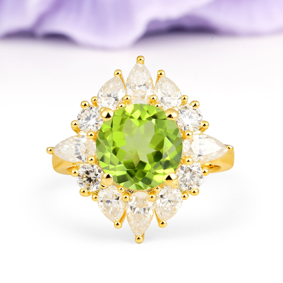 Stunning Starburst Floral Halo Round Cut Peridot Engagement Ring - Additional view