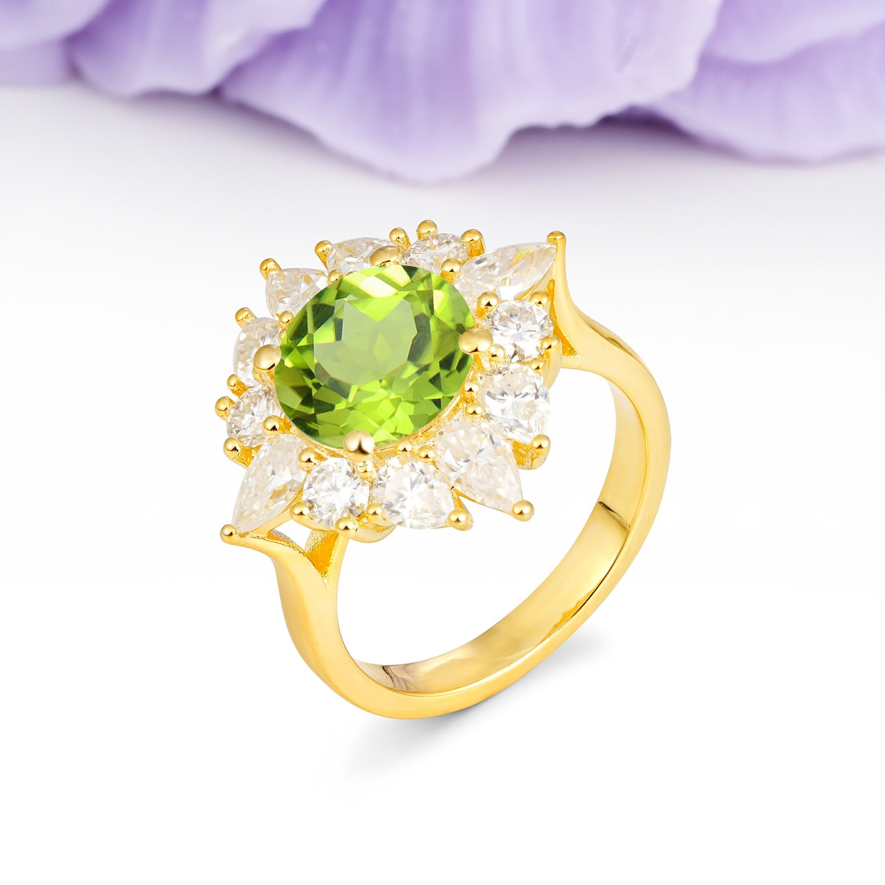 Stunning Starburst Floral Halo Round Cut Peridot Engagement Ring - Additional view