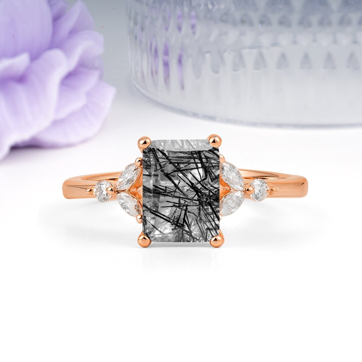 Vintage Classic 4-Prong Emerald Cut Black Rutilated Quartz Engagement Ring - Additional view