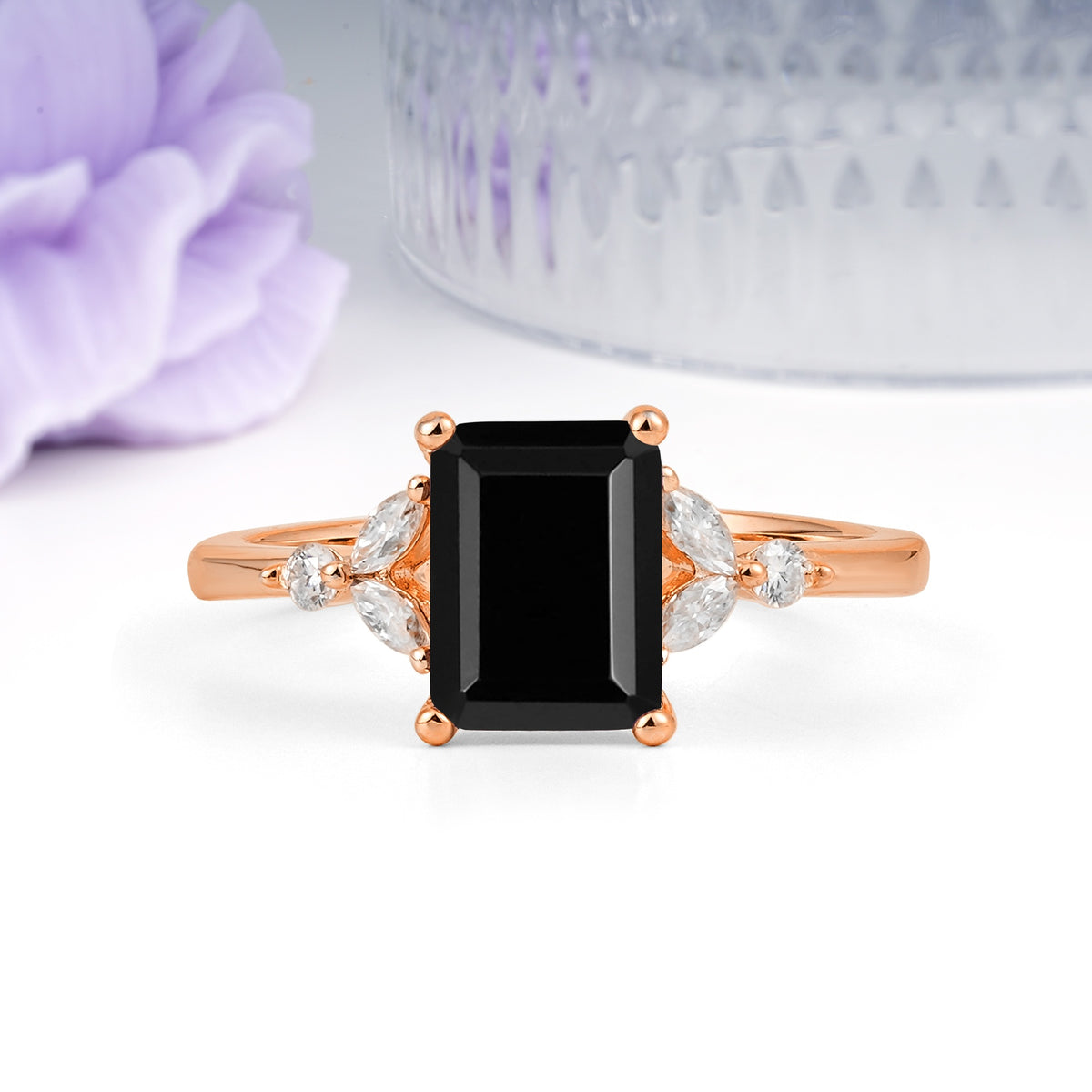 Vintage Classic 4-Prong Emerald Cut Black Onyx Engagement Ring - Additional view