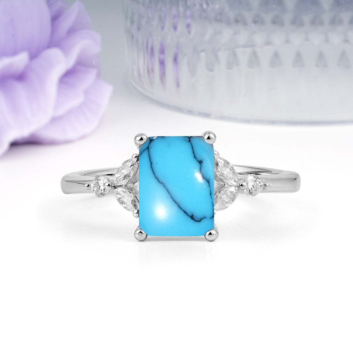 Vintage Classic 4-Prong Emerald Cut Turquoise Engagement Ring - Additional view