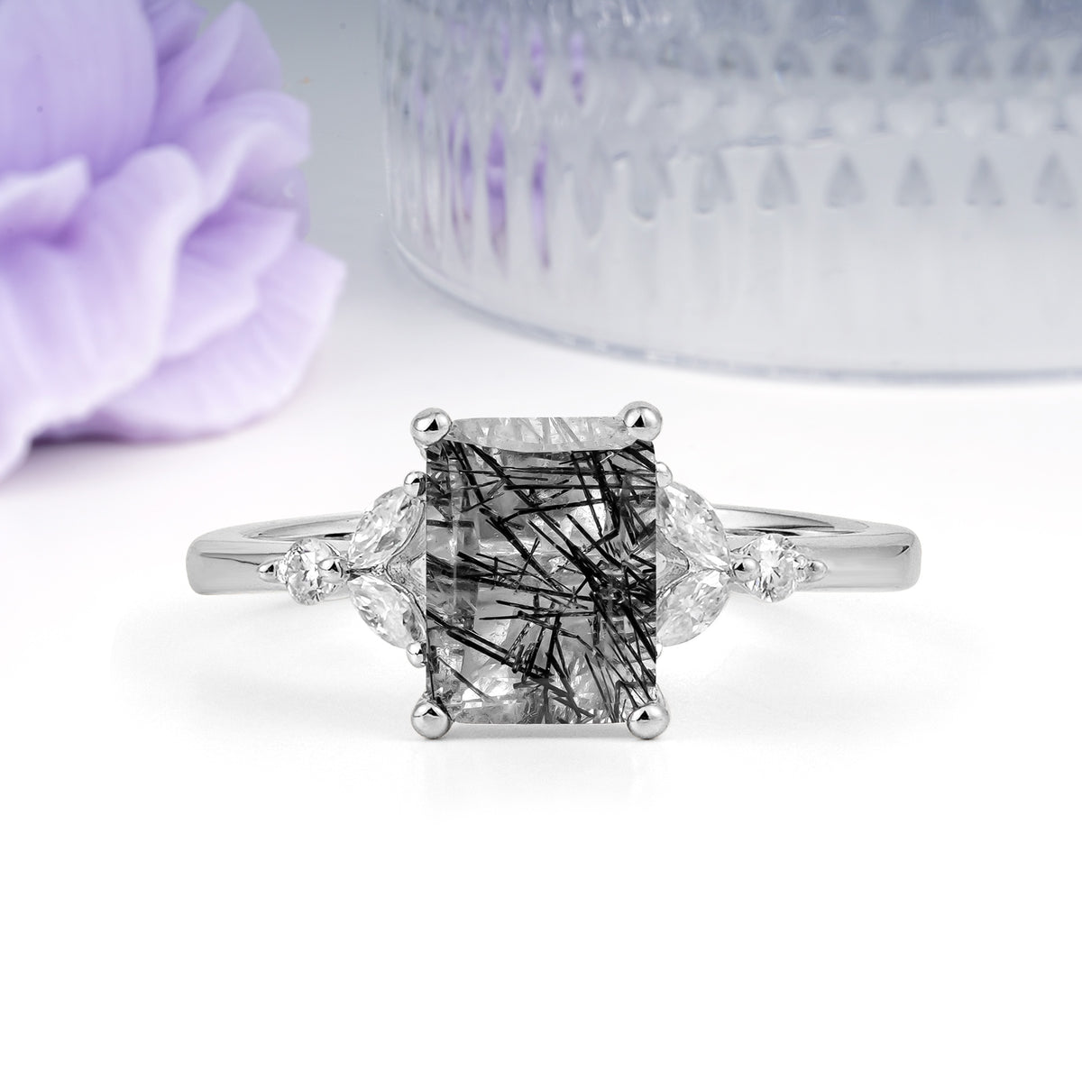 Vintage Classic 4-Prong Emerald Cut Black Rutilated Quartz Engagement Ring - Additional view