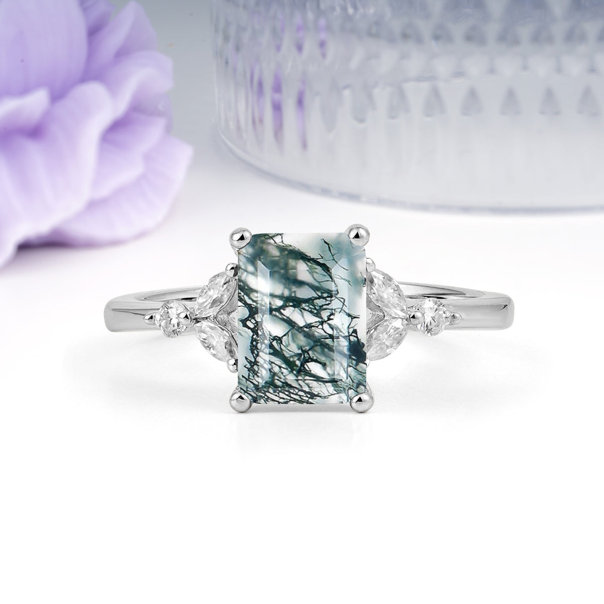 Vintage Classic 4-Prong Emerald Cut Moss Agate Engagement Ring - Additional view