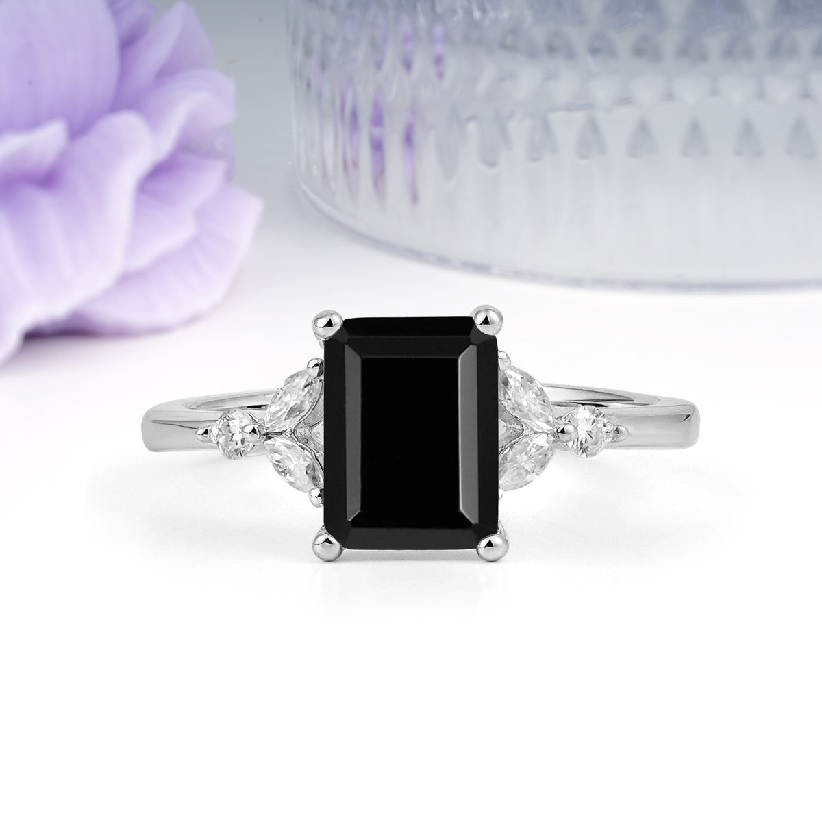 Vintage Classic 4-Prong Emerald Cut Black Onyx Engagement Ring - Additional view