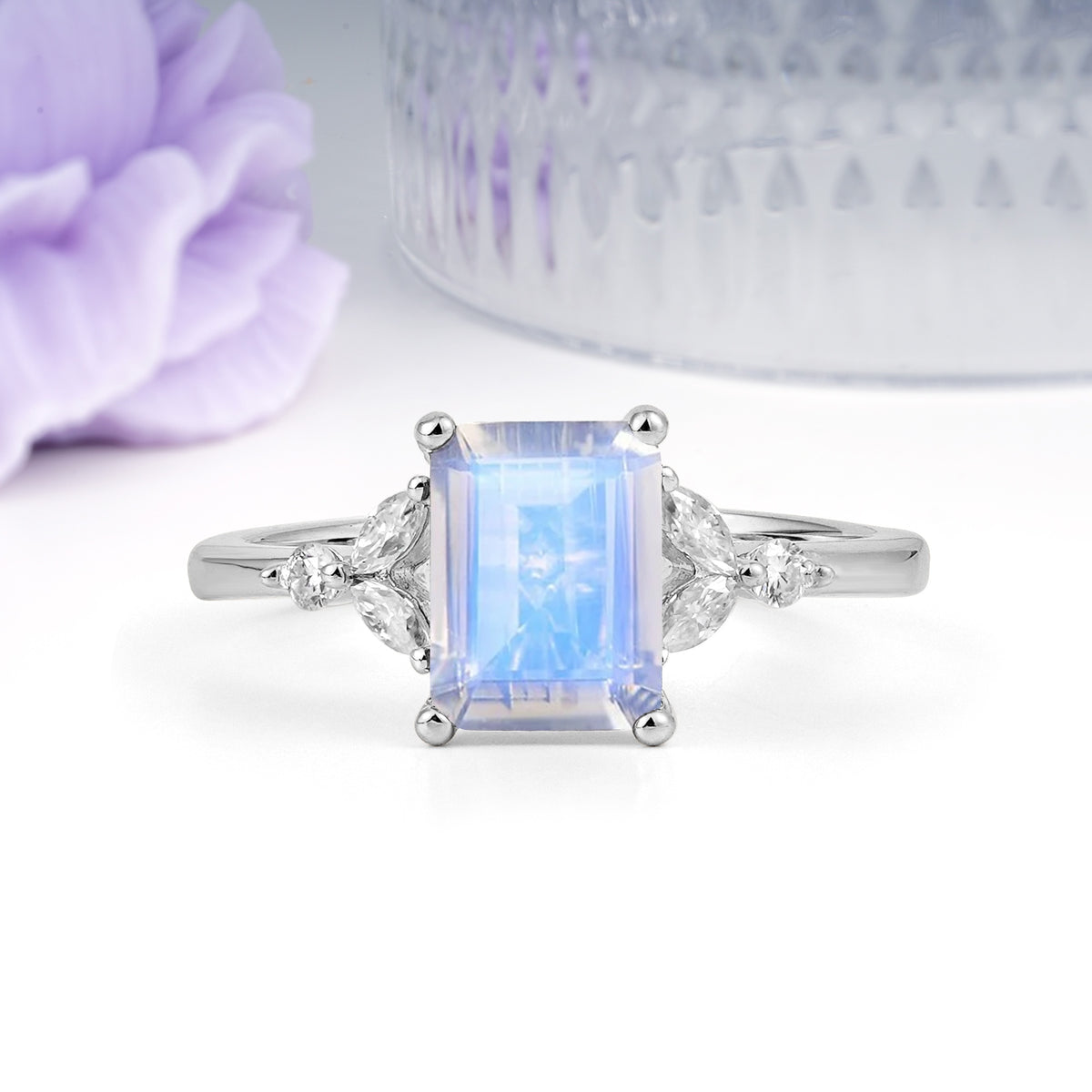 Vintage Classic 4-Prong Emerald Cut Moonstone Engagement Ring - Additional view