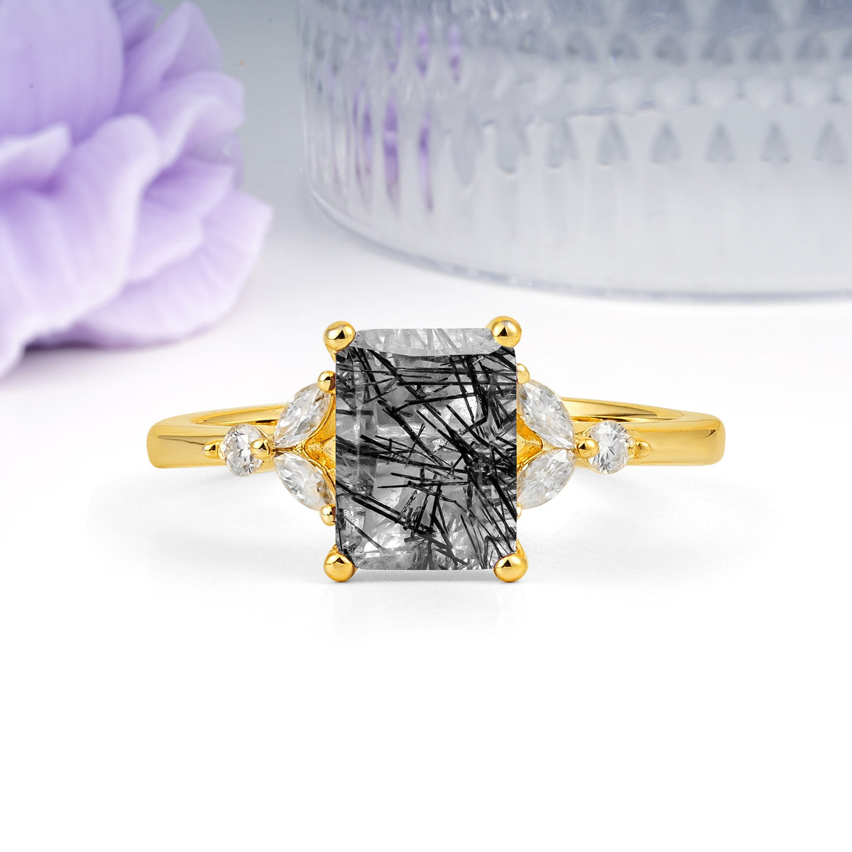Vintage Classic 4-Prong Emerald Cut Black Rutilated Quartz Engagement Ring - Additional view