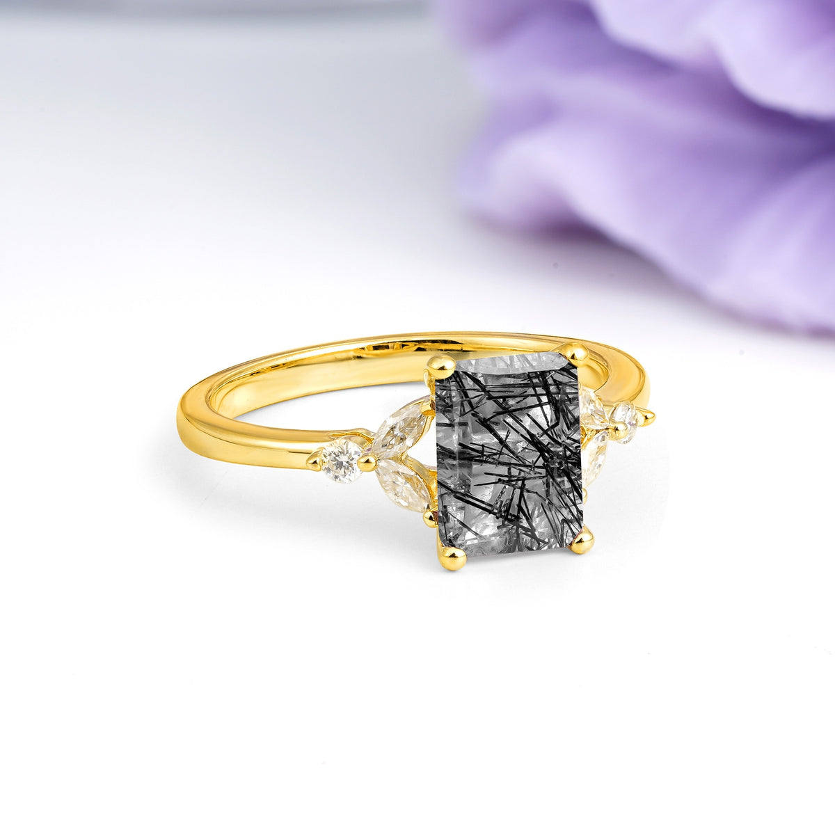 Vintage Classic 4-Prong Emerald Cut Black Rutilated Quartz Engagement Ring - Additional view