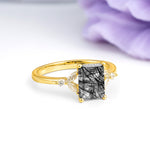 Vintage Classic 4-Prong Emerald Cut Black Rutilated Quartz Engagement Ring - Additional view
