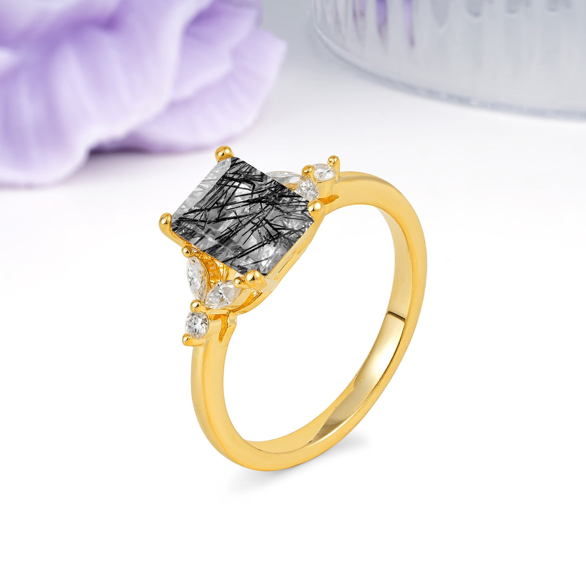 Vintage Classic 4-Prong Emerald Cut Black Rutilated Quartz Engagement Ring - Additional view