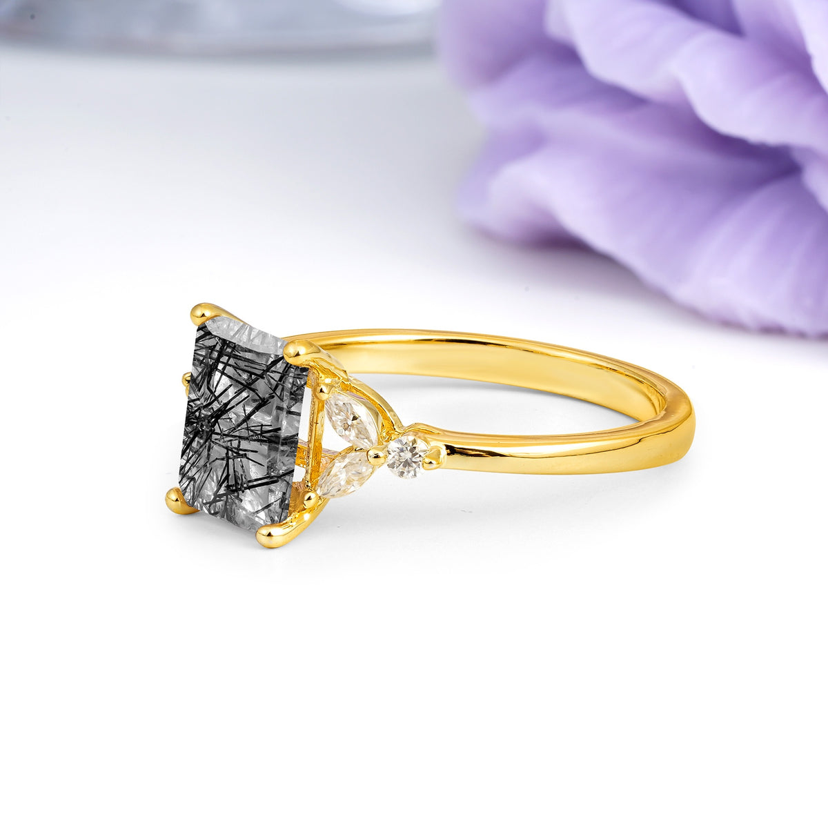 Vintage Classic 4-Prong Emerald Cut Black Rutilated Quartz Engagement Ring - Additional view