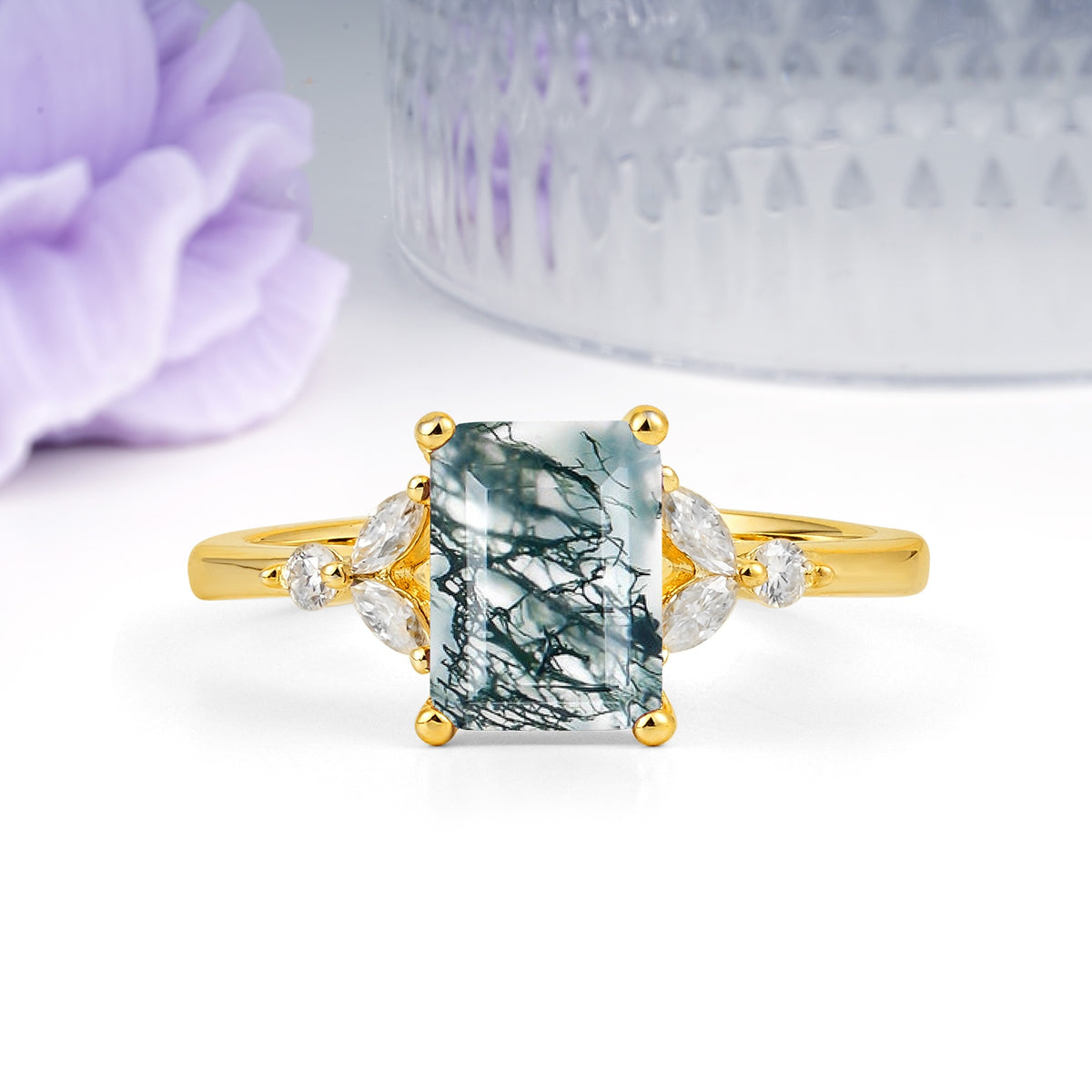 Vintage Classic 4-Prong Emerald Cut Moss Agate Engagement Ring - Additional view